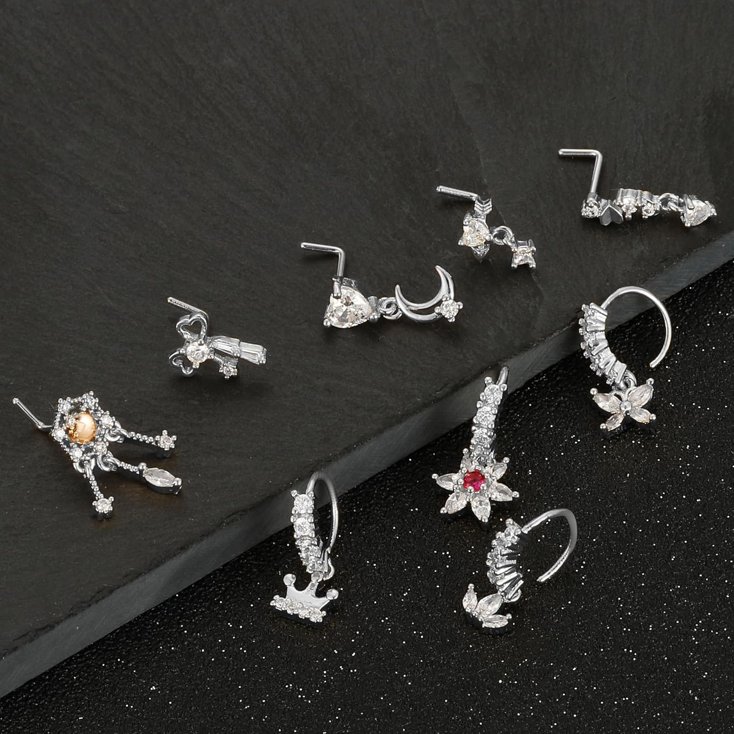 Tornito 20Pcs 20G Dangle Nose Rings Studs for Women L Shaped Dangling Nose Stud Hoop Butterfly Heart Moon Arrow Flower Star Bowtie CZ Dangling Nostril Body Piercing Jewelry with Charm Silver Gold Tone - Image 3