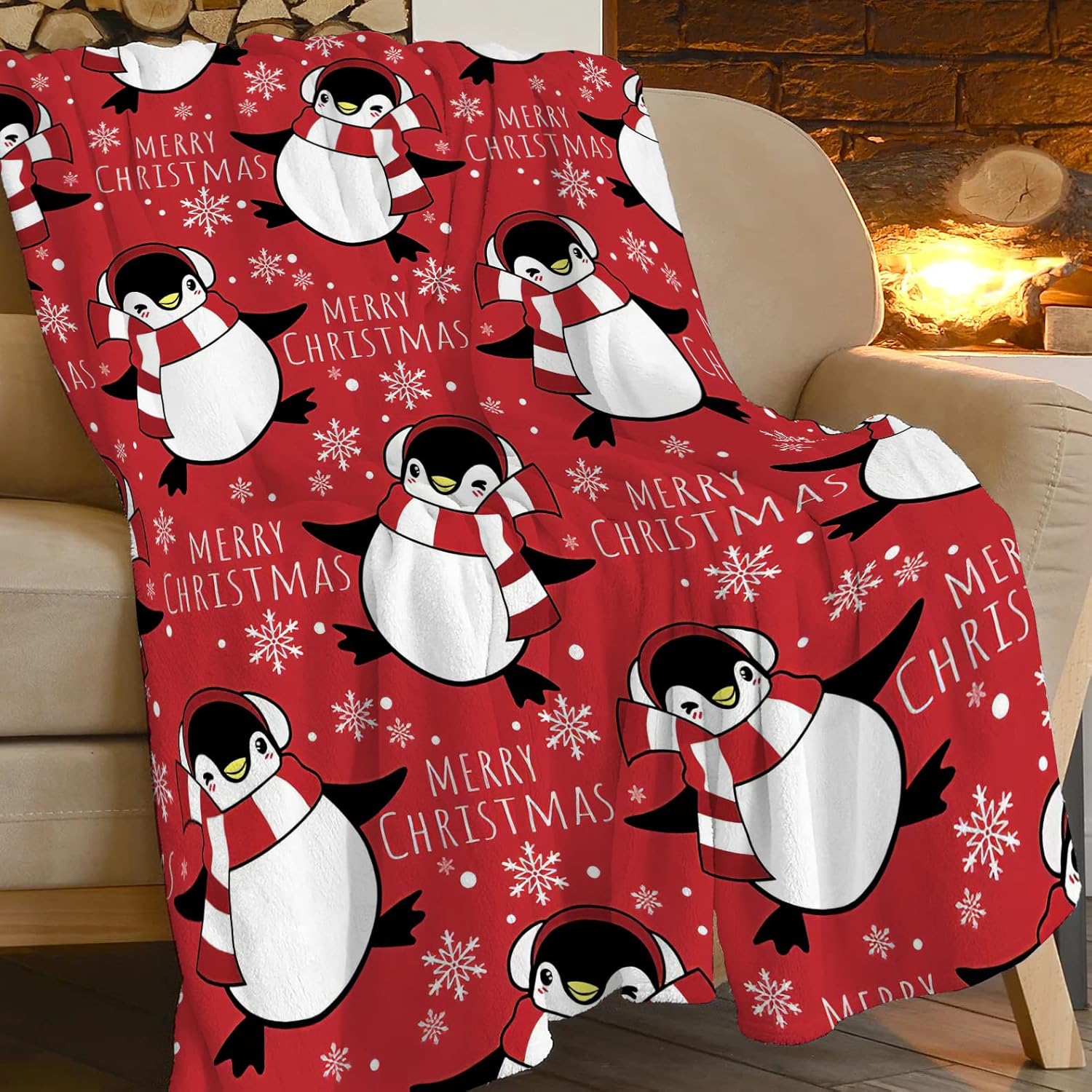 Christmas Penguin Blanket Super Soft Cozy Penguin Fleece
