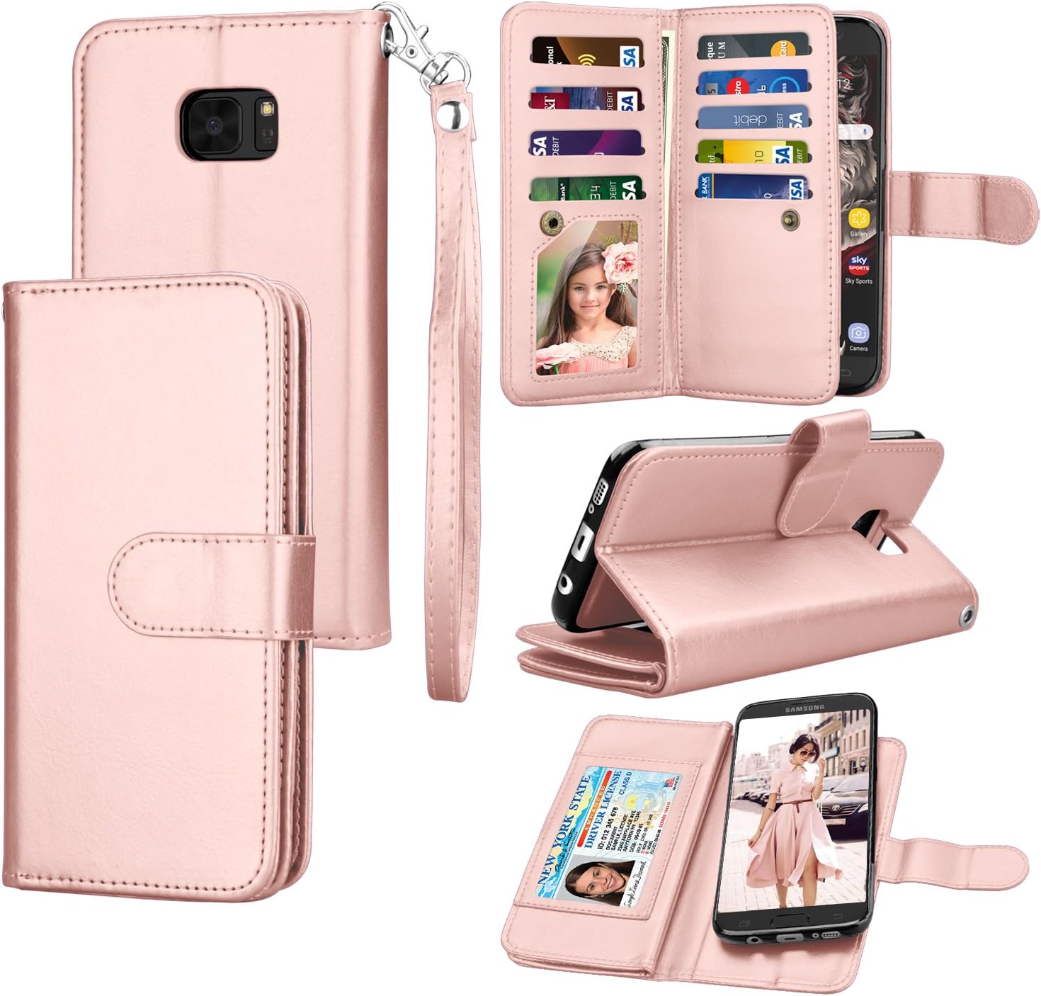 Eutekcoo Galaxy S7 Case, Premium PU Leather Wallet Case with [Detachable 2 in 1] [Cash & Card Slots] [Magnetic Closure]& Wrist Strap Kickstand Folio Flip Cover for Samsung Galaxy S7(G930)-Rose Gold