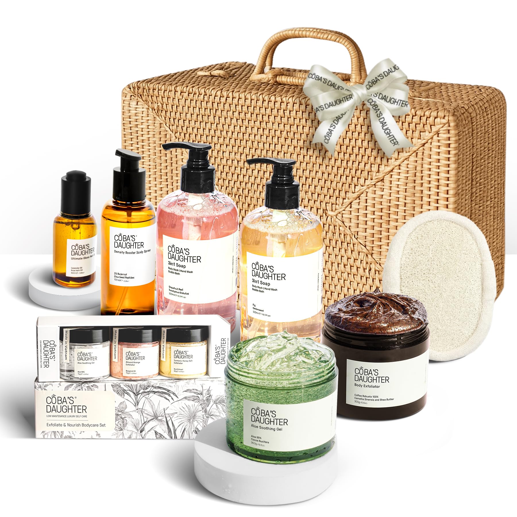 Rattan Gift Basket - 11-Piece Spa Inspired Bath, Body & Hair Kit for Women, Includes Coffee Scrub, Aloe Soothing Gel, Hair Serum, and Travel Minis