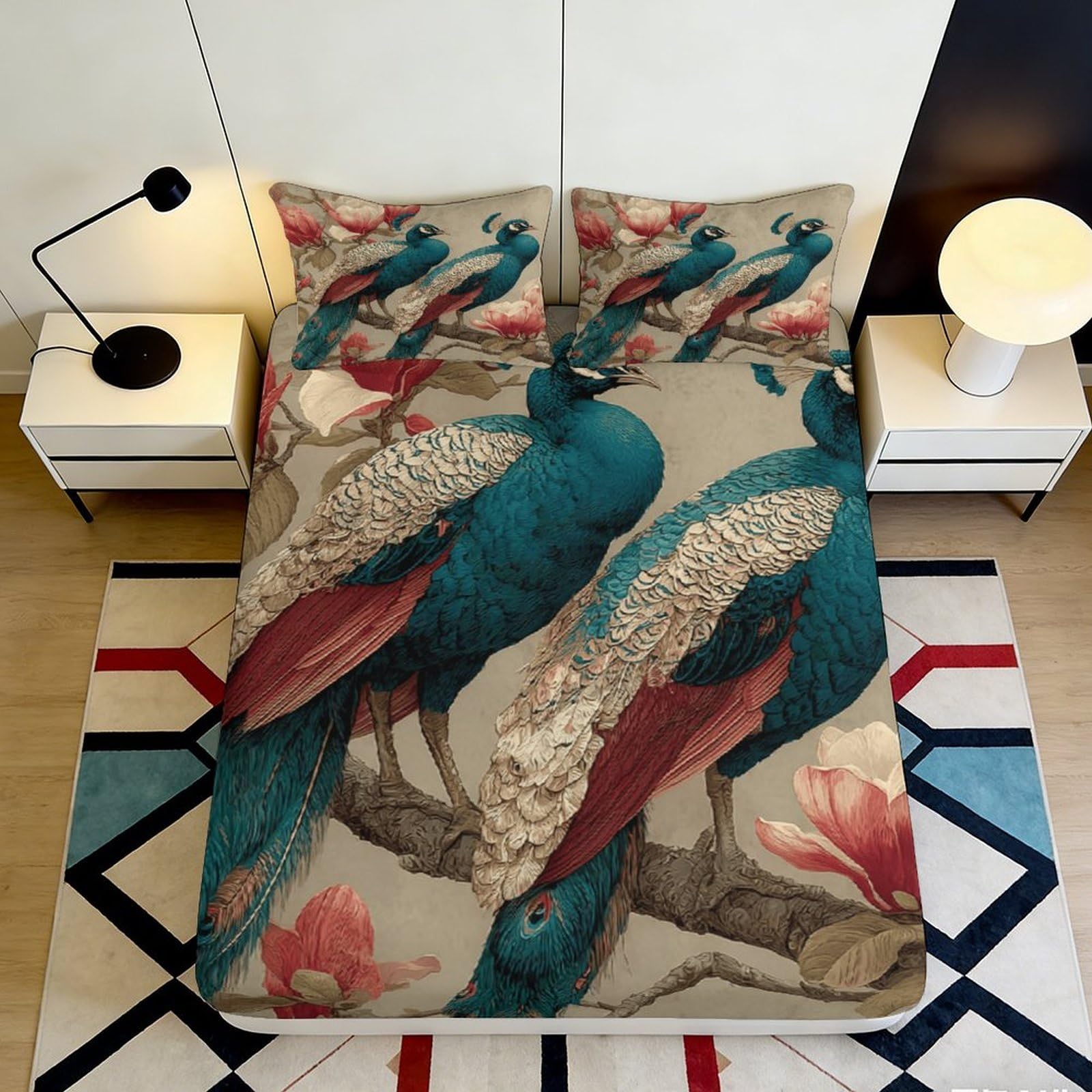3D Printed Peacock Floral Fitted Sheet Microfiber Soft Breathable Bird Art Mattress Cover for Bedroom Dorm Decor 90x200x25cm