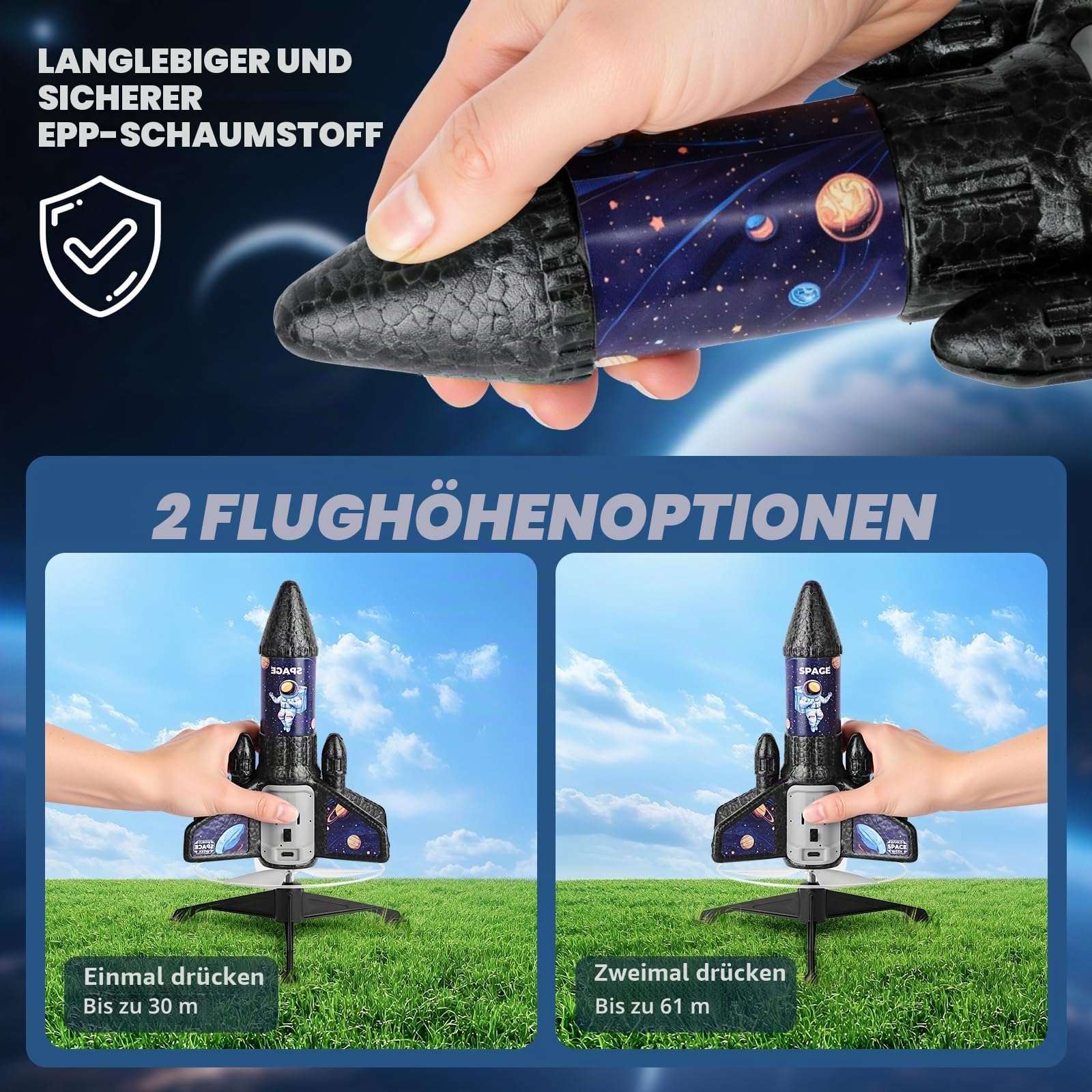 Raketenwerfer Kinder mit Fallschirm, Wiederaufladbare Elektrische Rakete mit Ladeanzeige, Einfach zu Bedienen Outdoor Spielzeug, Robustes EPP Material, für Kinder 7–10 Jahre (schwarz)