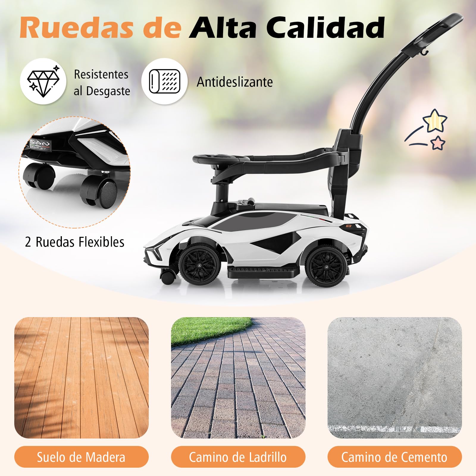 COSTWAY 3 en 1 Coche Correpasillos para Niños, Coche de Empuje Lamborghini, Coche de Paseo para Niños con Barandillas y Manillar Desmontables, Música, Faros y Ruedas Universales Desmontables (Blanco)