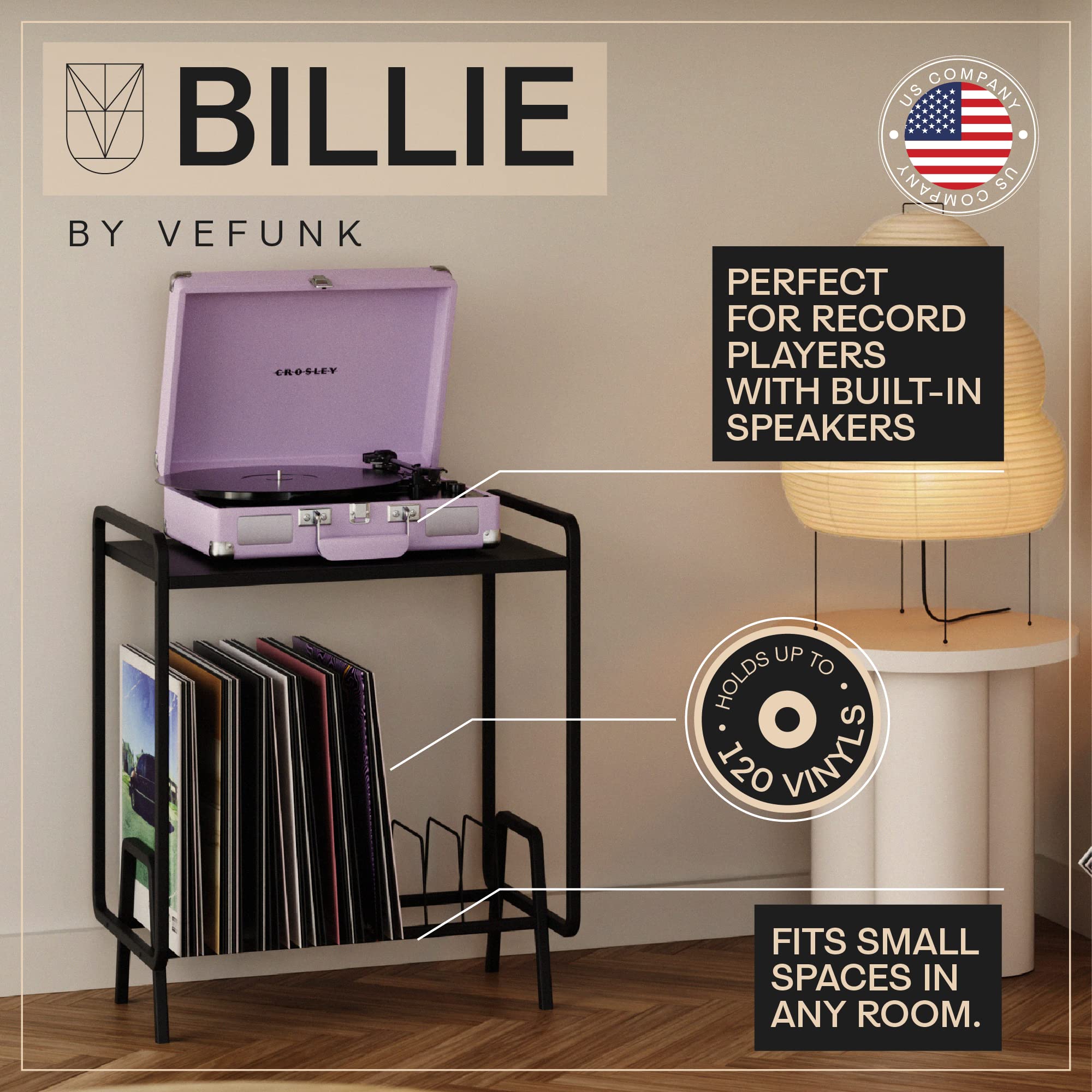 Buy Vefunk Record Player Stand with Vinyl Storage Black 120 Records