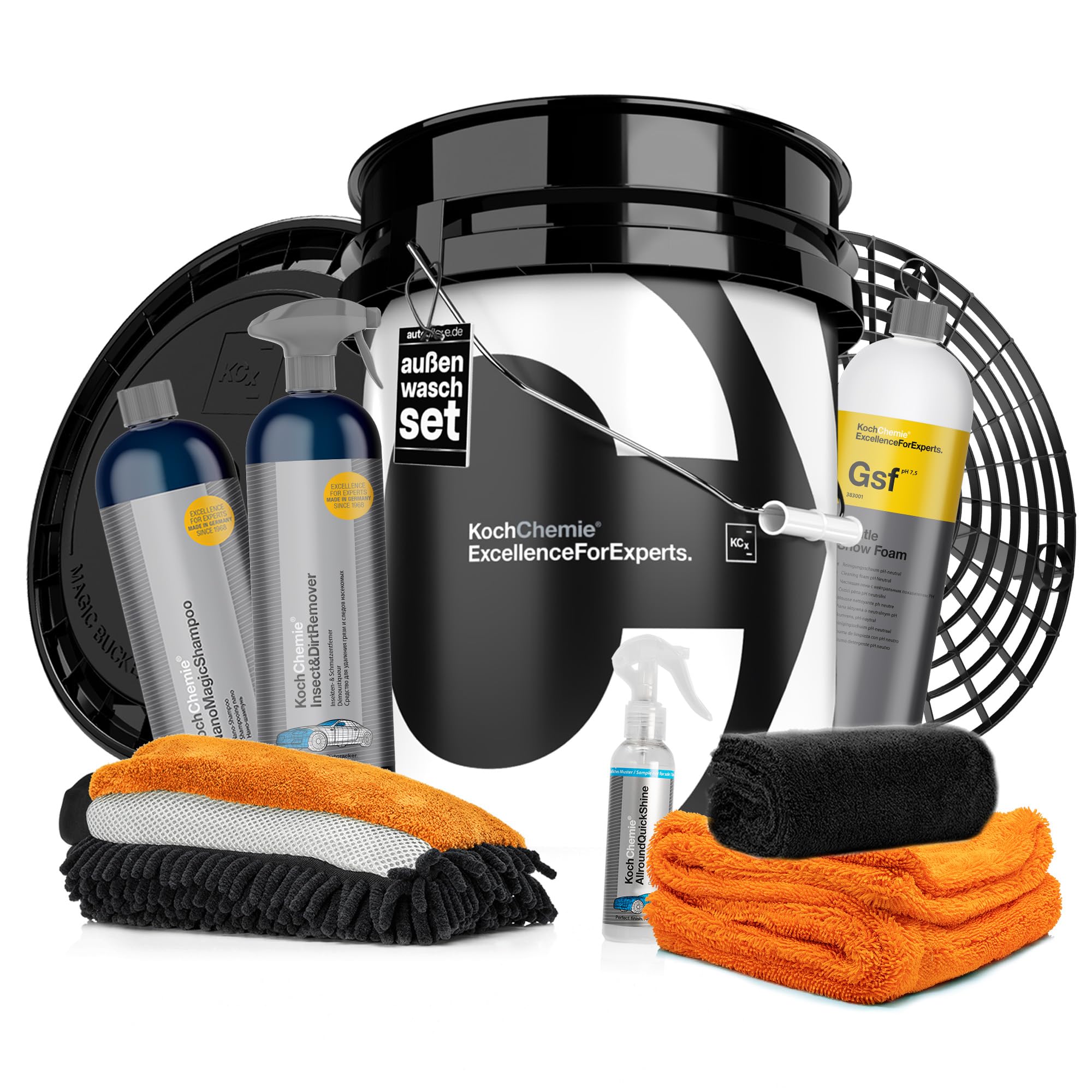 Koch Chemie - Juego de limpieza para coche (cubo de 20 l, tapa + inserto Grit Guard + champú Nano Magic + Insect&DirtRemover + Espuma de nieve suave + Allround Quick Shine | Paño de secado + guante de