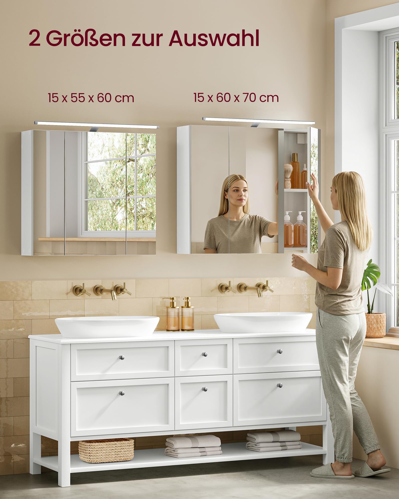 VASAGLE Kailyn Kollektion - Spiegelschrank Bad mit Beleuchtung, Badezimmerschrank mit 3 Türen, Wandschrank mit verstellbaren Ablagen, moderner Stil, 15 x 70 x 60 cm, wolkenweiß BBK139WB01