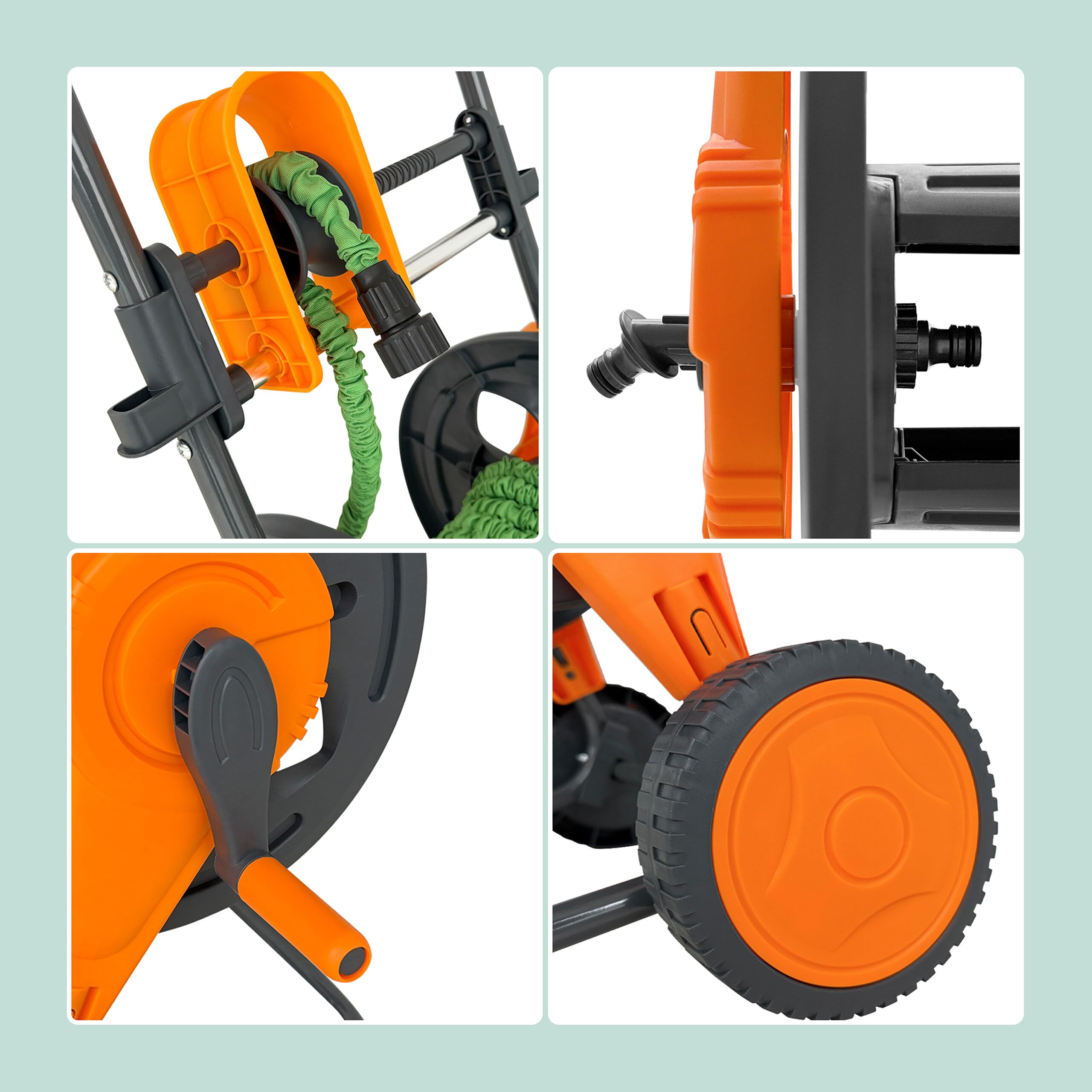 Relaxdays Chariot dévidoir 60 m, raccord à clic, Guide-Tuyau, 2 Roues, métal/Plastique, Gris/Orange, 86 x 41 x 37 cm