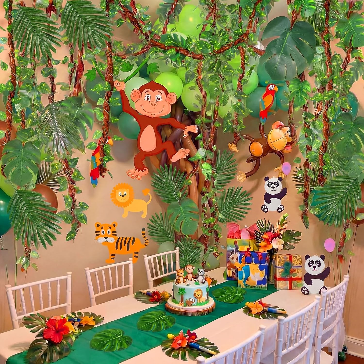 MotiMind Jungle Themed Party Decorations Wildlife Park Jungle Leaf Decorations with Kraft Paper Artificial Ivy Green Leaf Garland Fake Tropical Palm Leaves for Indoor Outdoor Forest Party Supplies