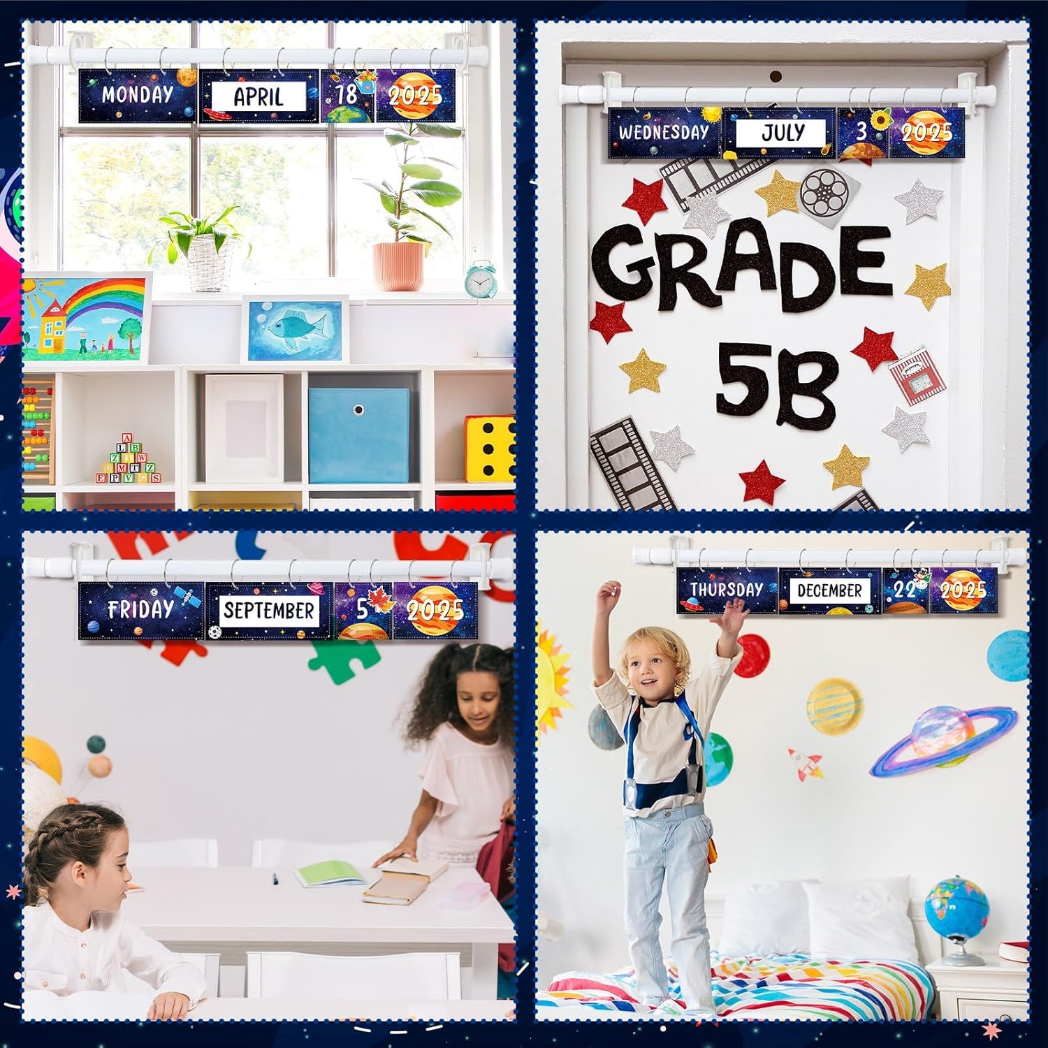 Tenare 115 Pcs Space Classroom Calendar Bulletin Board Set with Holder Adjustable Galaxy Flip Calendar with 54 Date Cards 50 Festival Stickers Outer Space Classroom Decor for Back to School Supplies