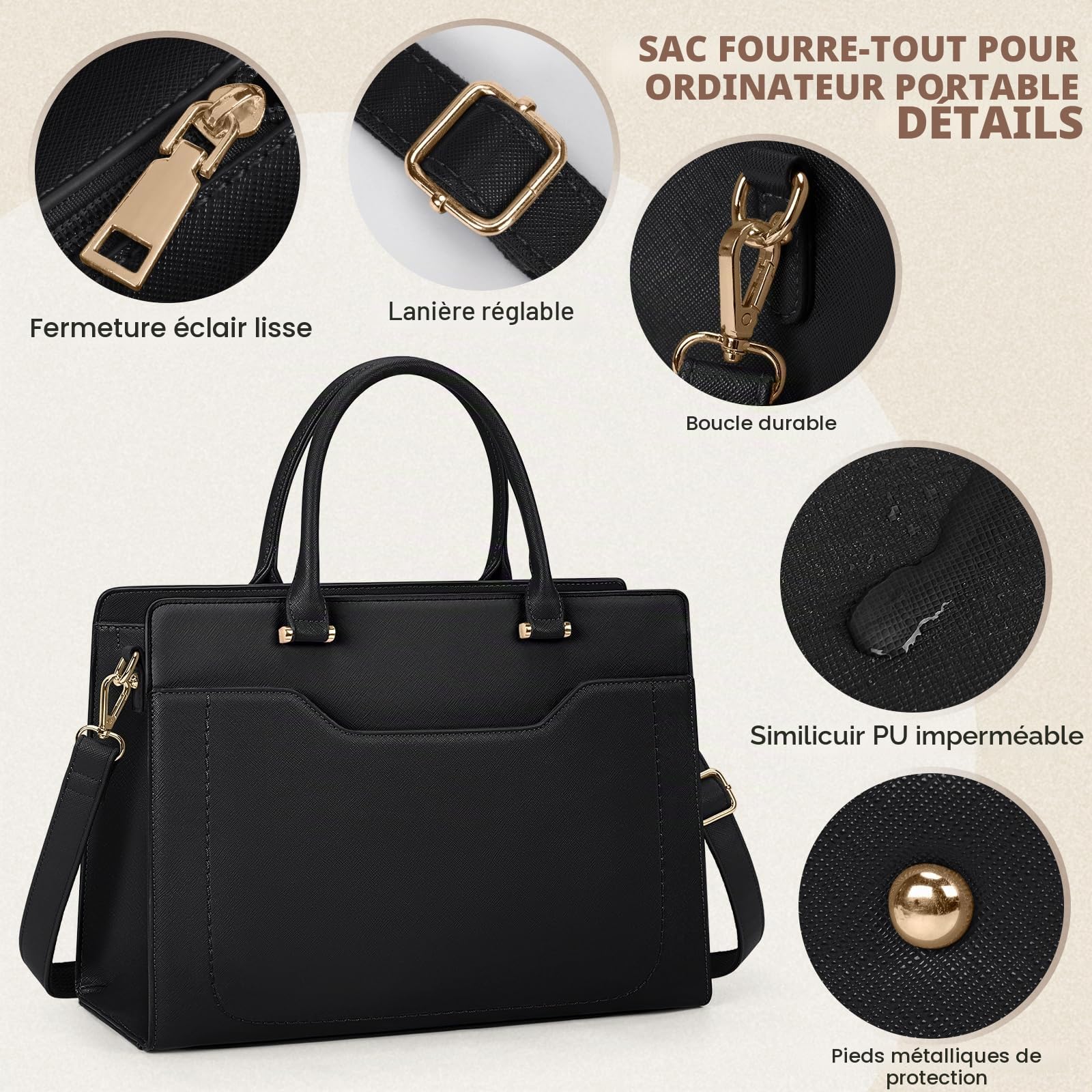 RAINSMORE Sac Cabas Femme Grand Sac A Main Pour Les Cours Lycee PU Cuir sac Fourre Tout Femme Sac Bandoulieres pour Cours Affaires Travail Noir
