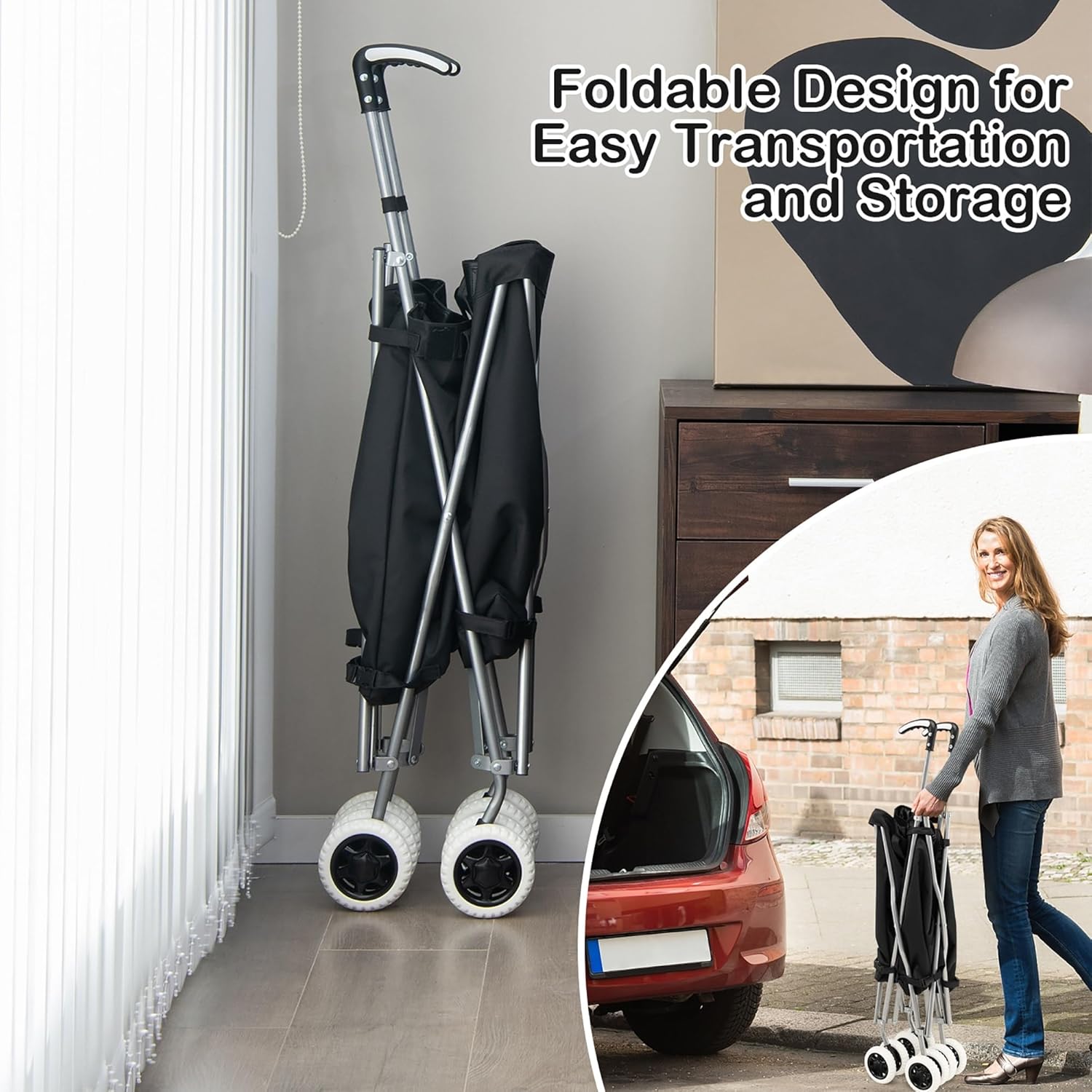 A person easily transporting the folded shopping cart, demonstrating its compact design for storage and portability.