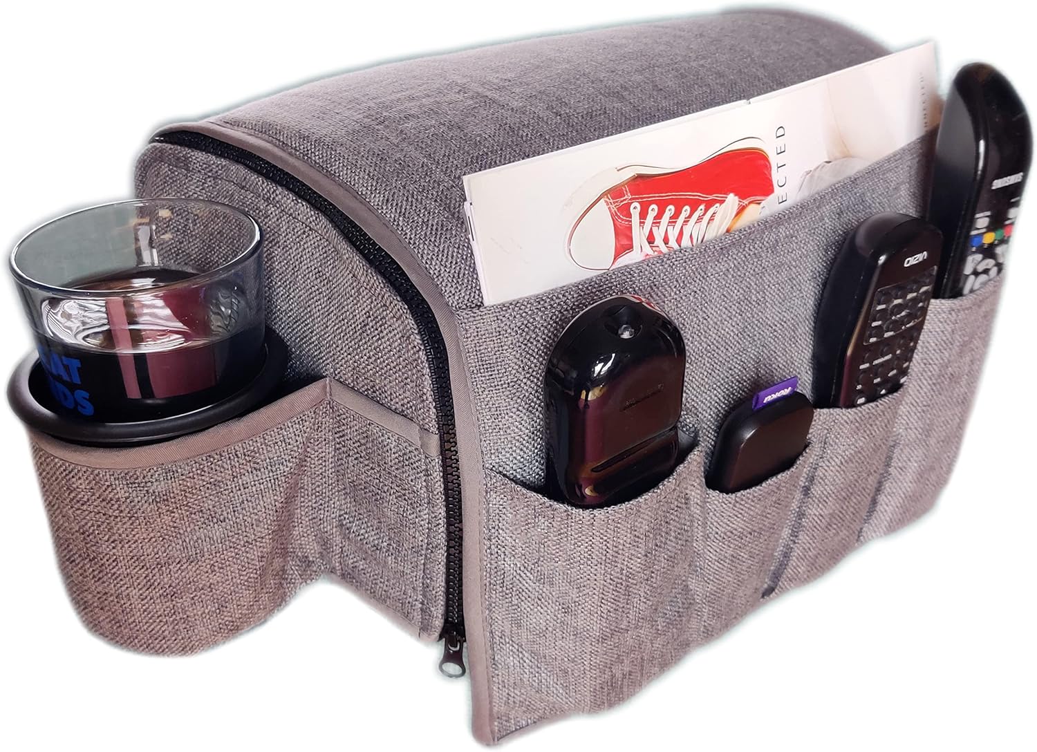 Couch Caddy - Armchair Caddy Remote Control Holder Armrest Organizer Recliner Non Slip Arm Chair Couch Cup Holder 6 Storage Pockets Drink Caddie Gray (8 Inches)