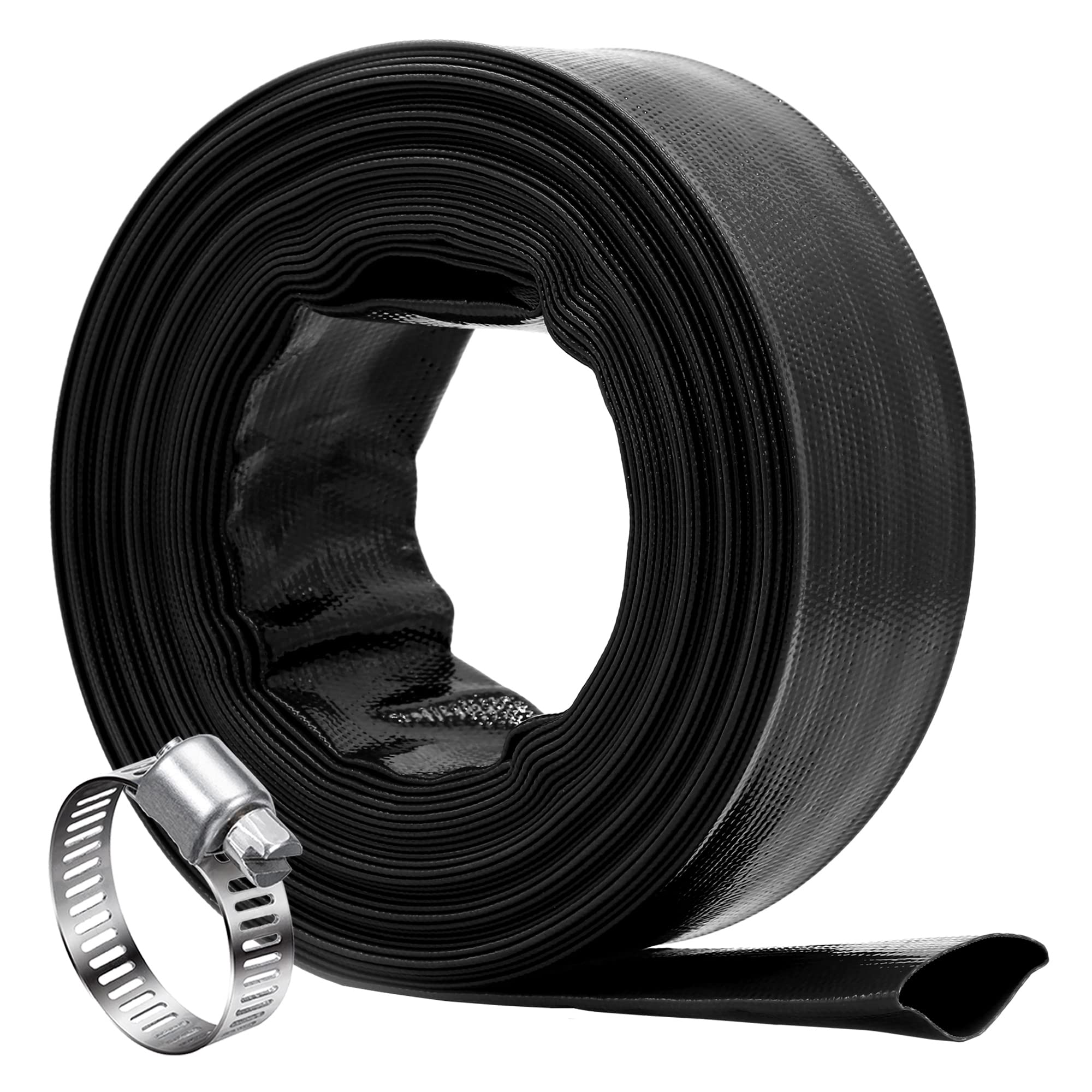 DAVCO Manguera negra de 5 cm de diámetro interior × 50 pies, manguera de descarga de agua plana de PVC reforzada resistente para piscinas de drenaje y filtros limpios