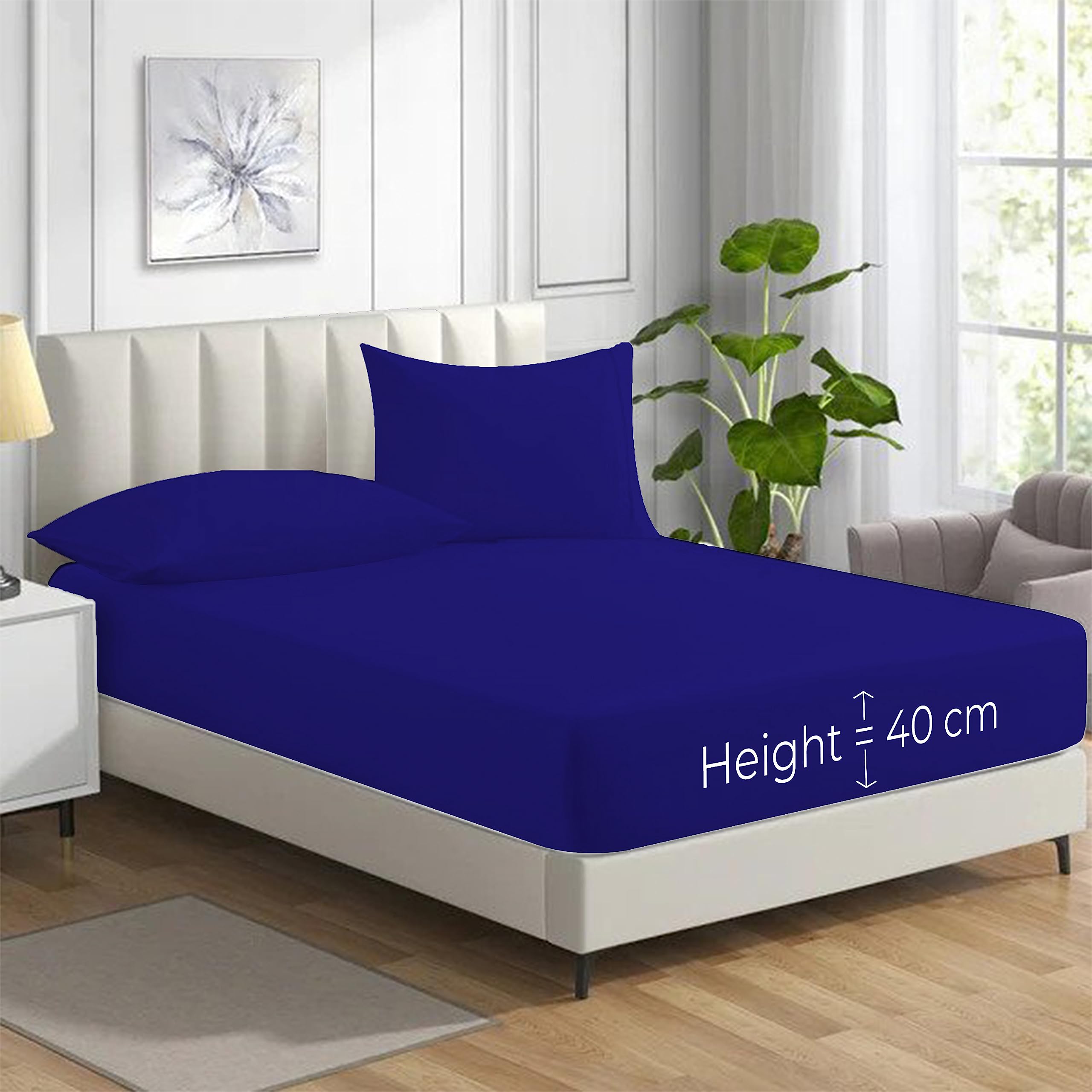 HADI LONDON Polycotton Fitted Sheets for Single Double King Super King Size Bed Plain Dyed 40 cm Extra Deep Fitted Sheet Cover with 200 Thread Count and Elasticated Edges (Royal-Blue, King)