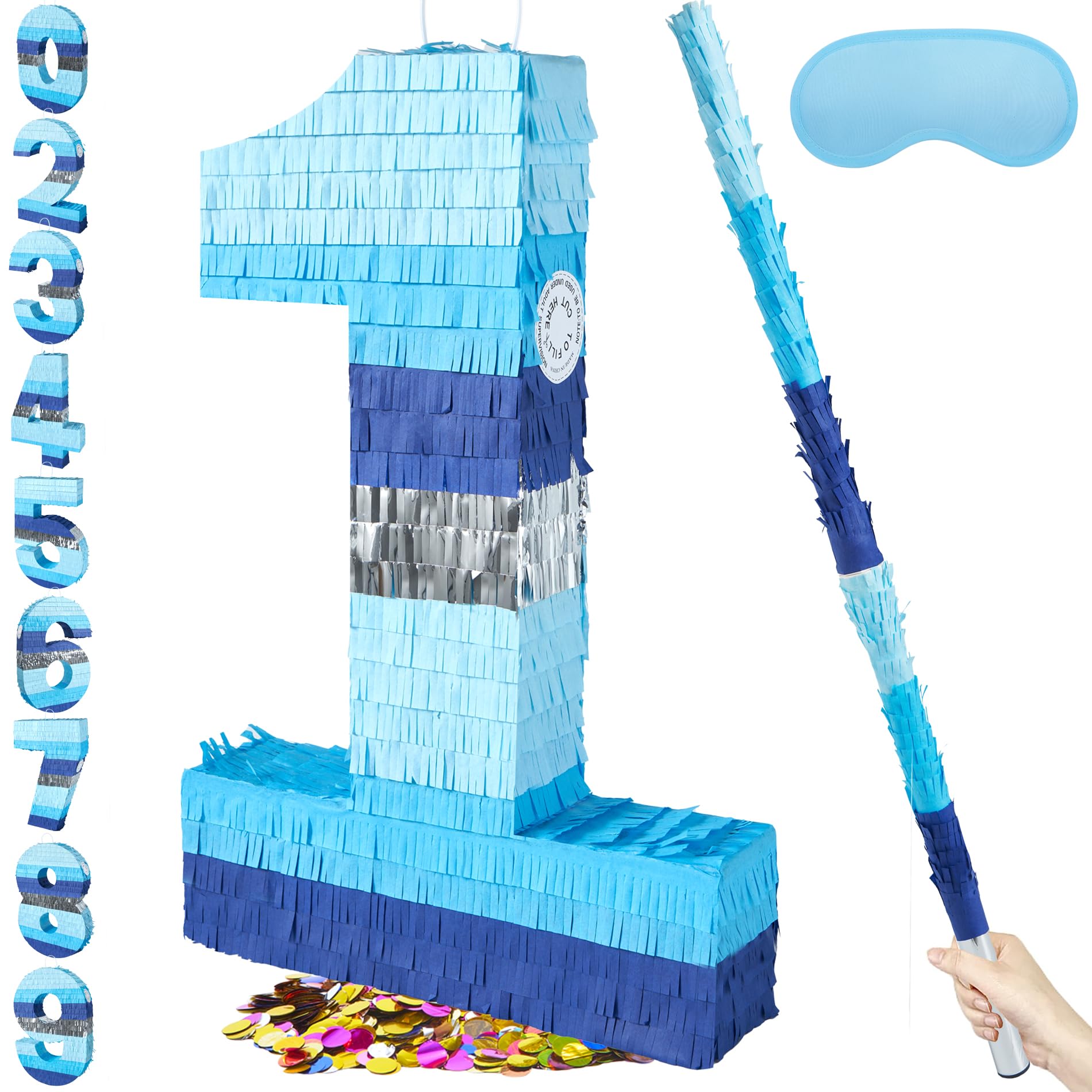 PCFING 20 Inch Number 1 Piñata Blue Silver with 30 Inch Piñata Stick Blindfold Confetti for Boys Girls Adults Birthday Party Decorations, Anniversary