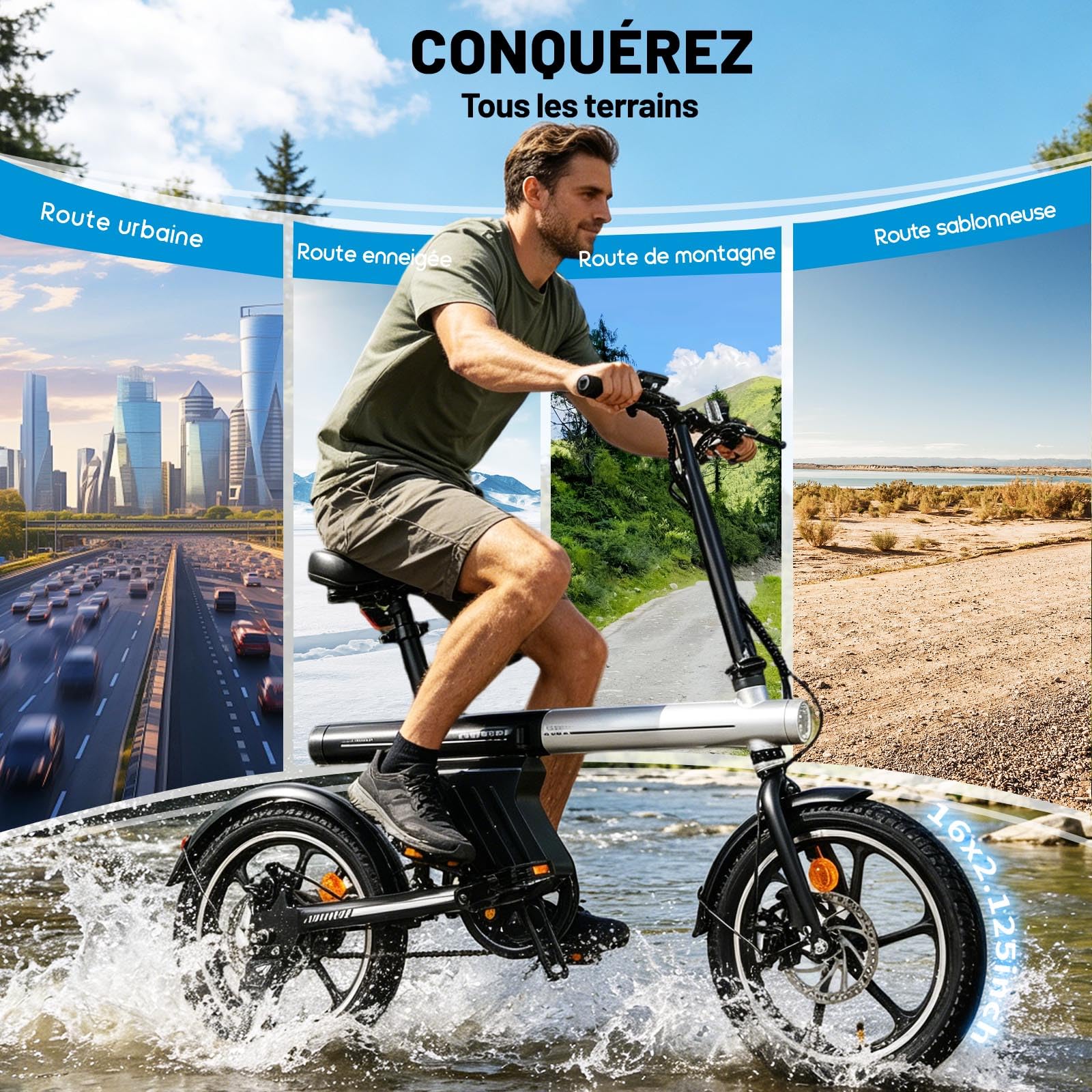 16" Vélo Électrique Adulte Ados - Autonomie 30-50km Velo Electrique Pliable,Ebike VTT Tout-Terrain,36V 12.8Ah Batterie,Double Disque E-Bike,3 Speed Modes Vélo électrique Hommes