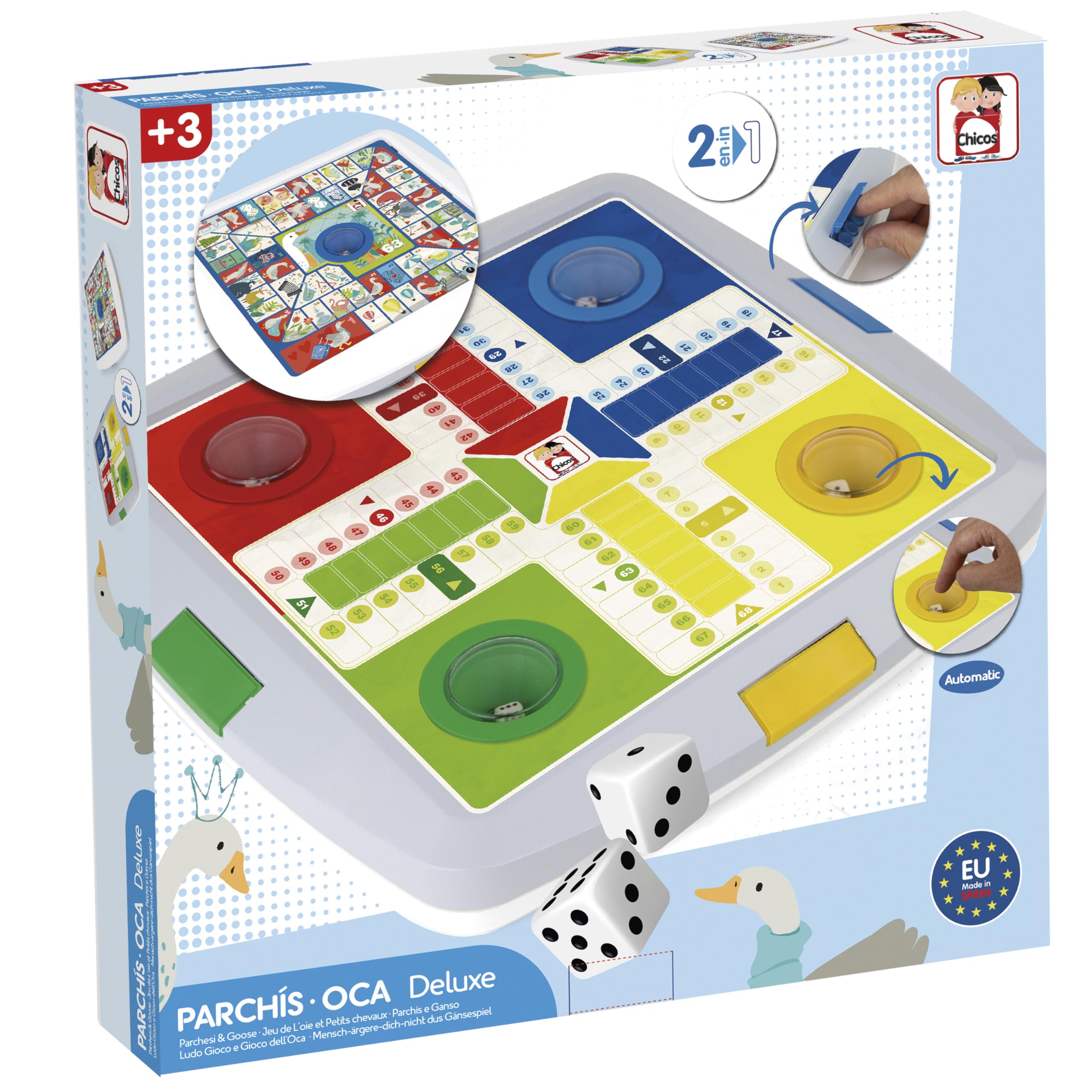 Chicos 64001 Parchís Y Oca Automático 2 En 1: Tablero De Viaje Con Dado Automático Y Guardafichas Para Niños