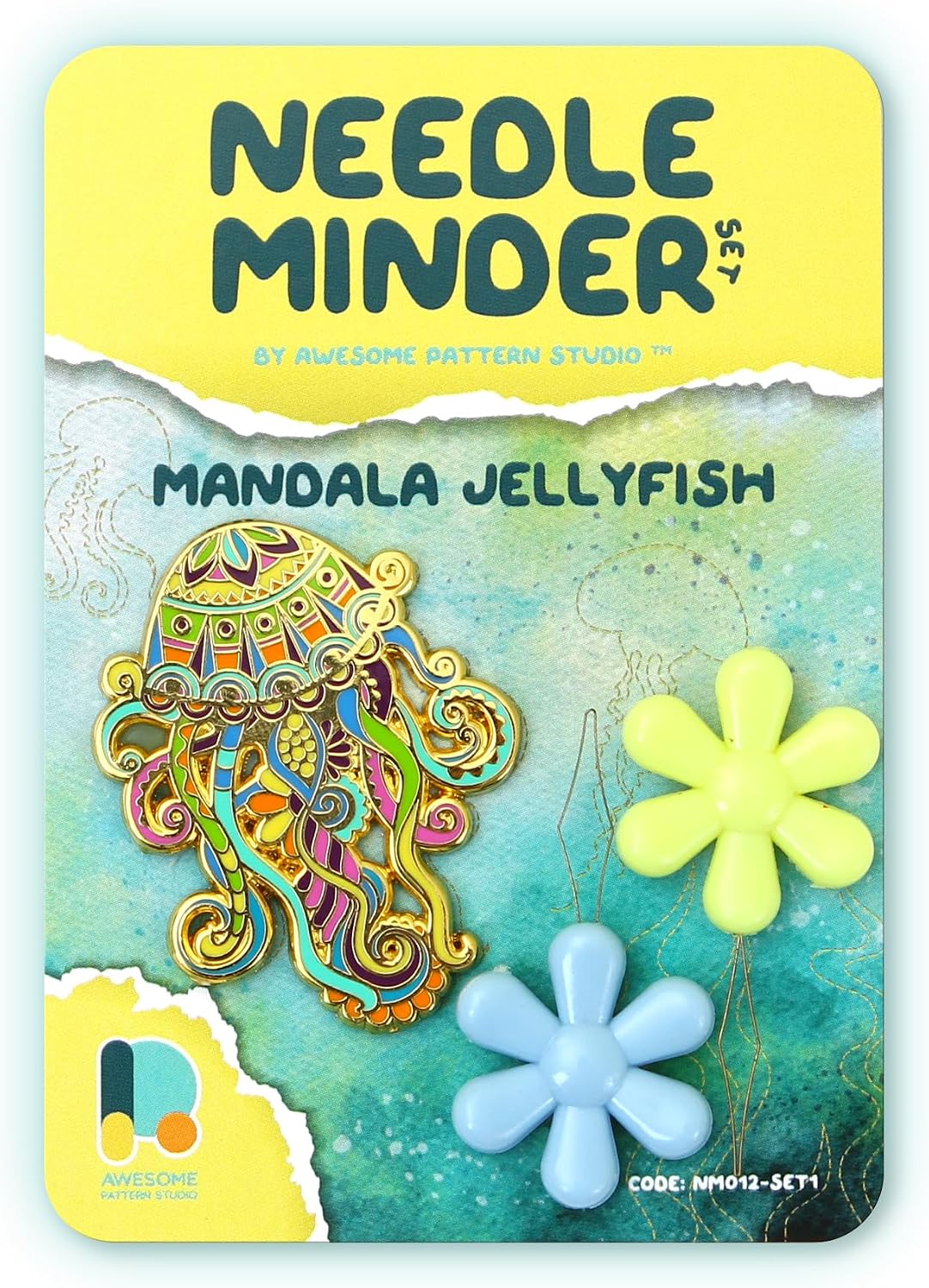 Awesome Pattern Studio Needle Minder Set - Mandala Jellyfish Magnetic Needle Minder + 2 Needle Threaders. Enamel Pin for Cross Stitch, Embroidery and Craft