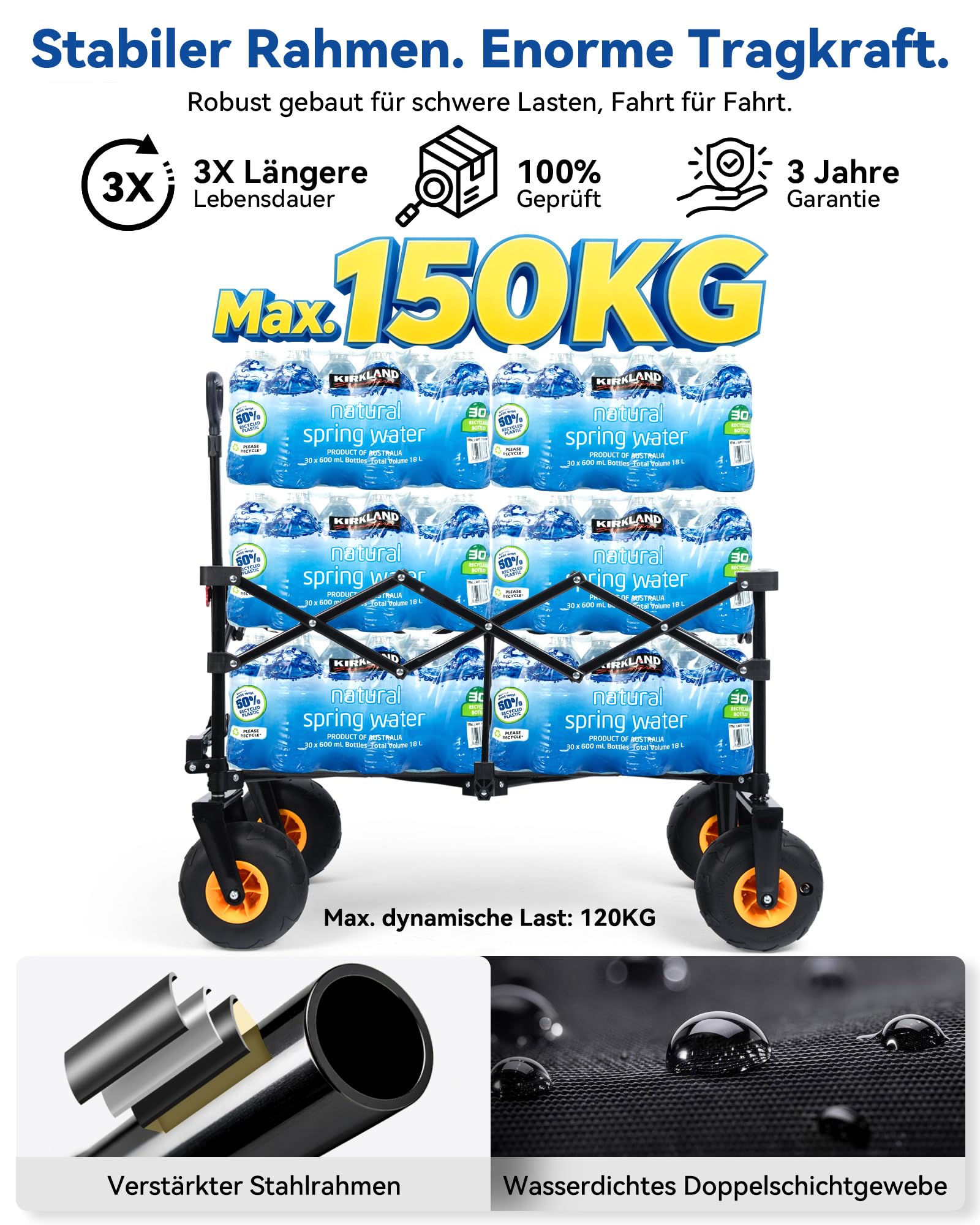 HIKENTURE Carro de playa plegable con neumáticos de aire de 7,5 pulgadas, carro plegable de 135 l con ruedas de playa de 19 x 10 cm, soporta 150 kg, carrito de mano plegable para playa y exterior
