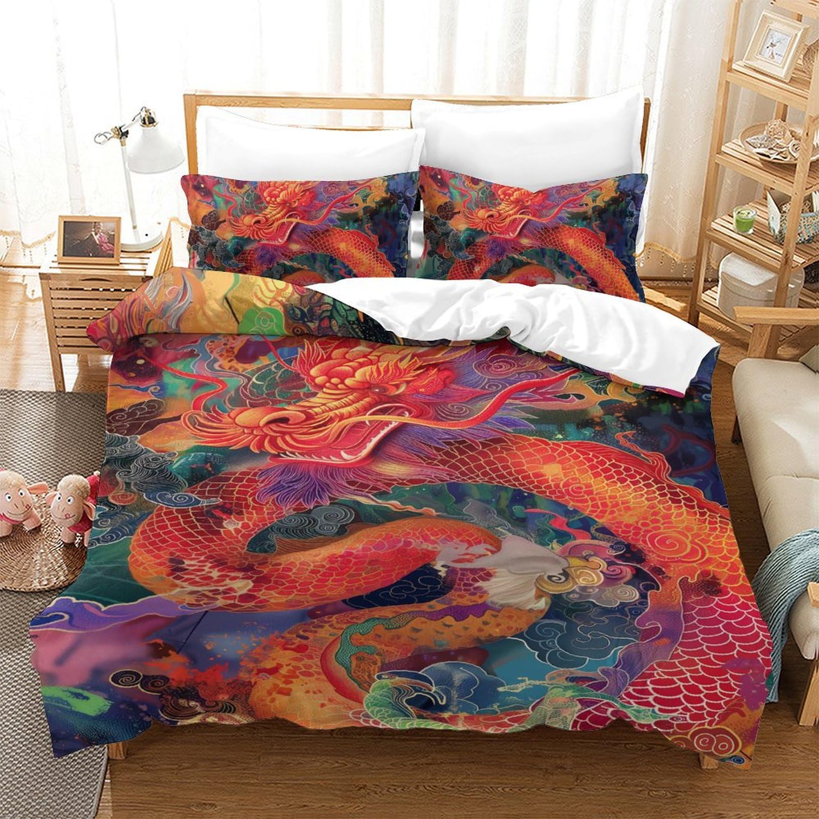 Housse de couette dragon 140x200cm anti-plis et facile à laver en microfibre douce 3 pièces