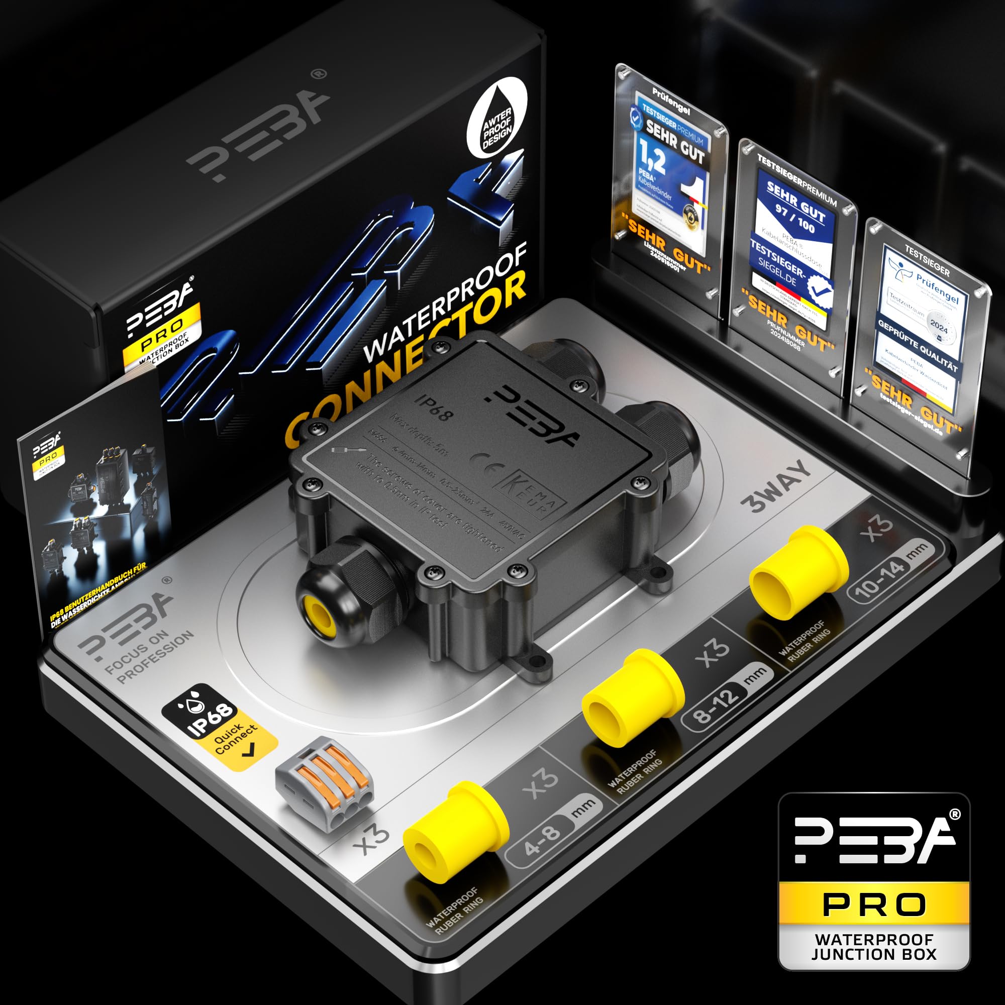 PEBA® Cajas de Conexiones Impermeables IP68, Conector de cable estanco,Caja de conexiones de conector de cable Exterior de 3 vías, Apto para cables Ø4-14 mm Caja Conexiones Negro,1 piezas