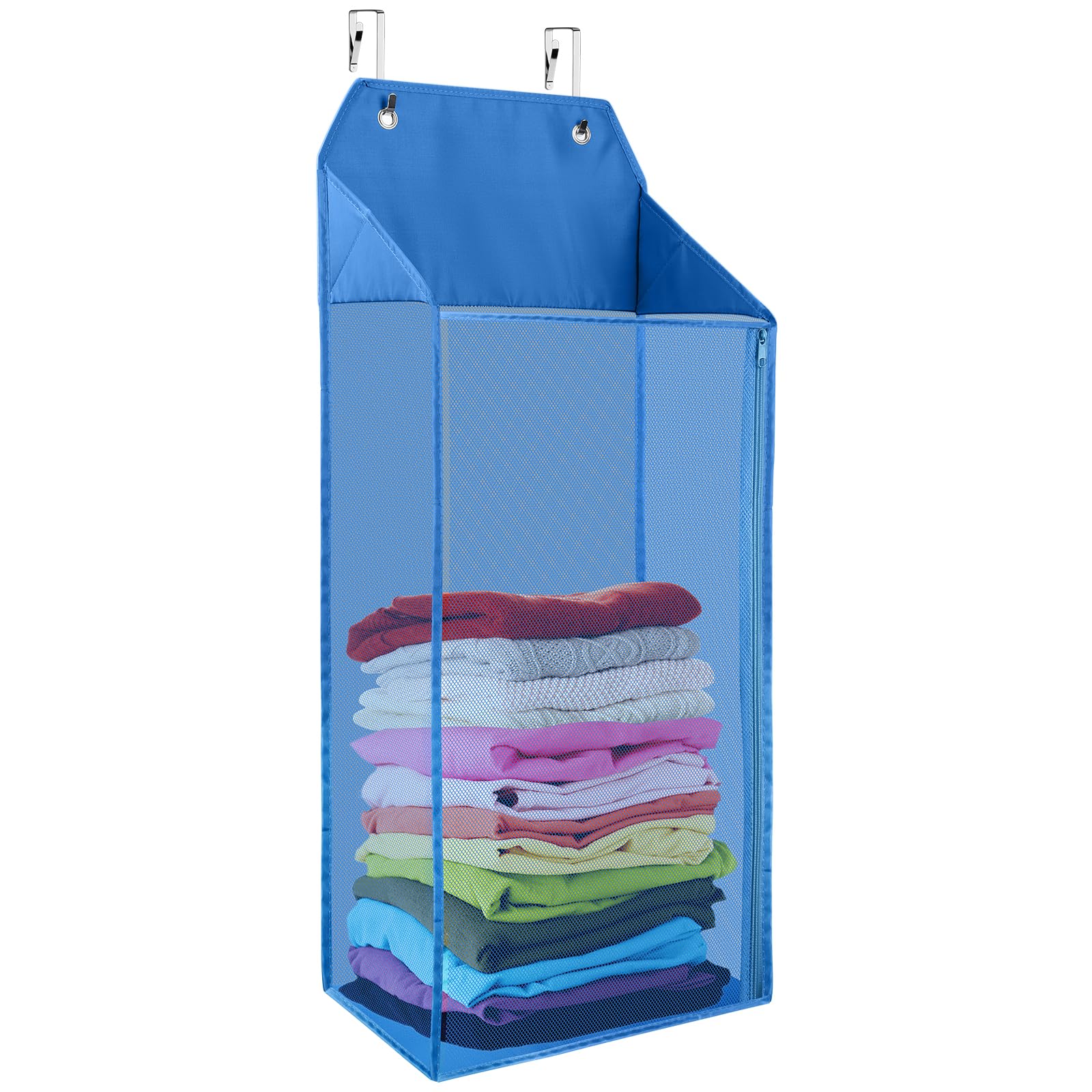 coastal roseLarge Hanging Laundry Hamper with Hooks, Over the Door Mesh Hamper with Zipper for Dirty Clothes Organizer, Collapsible Wall Hanging Laundry Basket for Bathroom, Dormitory, Blue