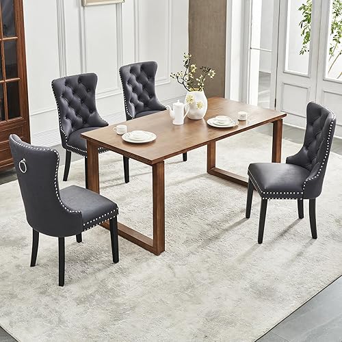 Miniatura 77 de Kiztir Juego de 2 sillas de comedor de terciopelo, sillas de comedor tapizadas con ribete de anillo y respaldo con botón, silla de comedor copetuda