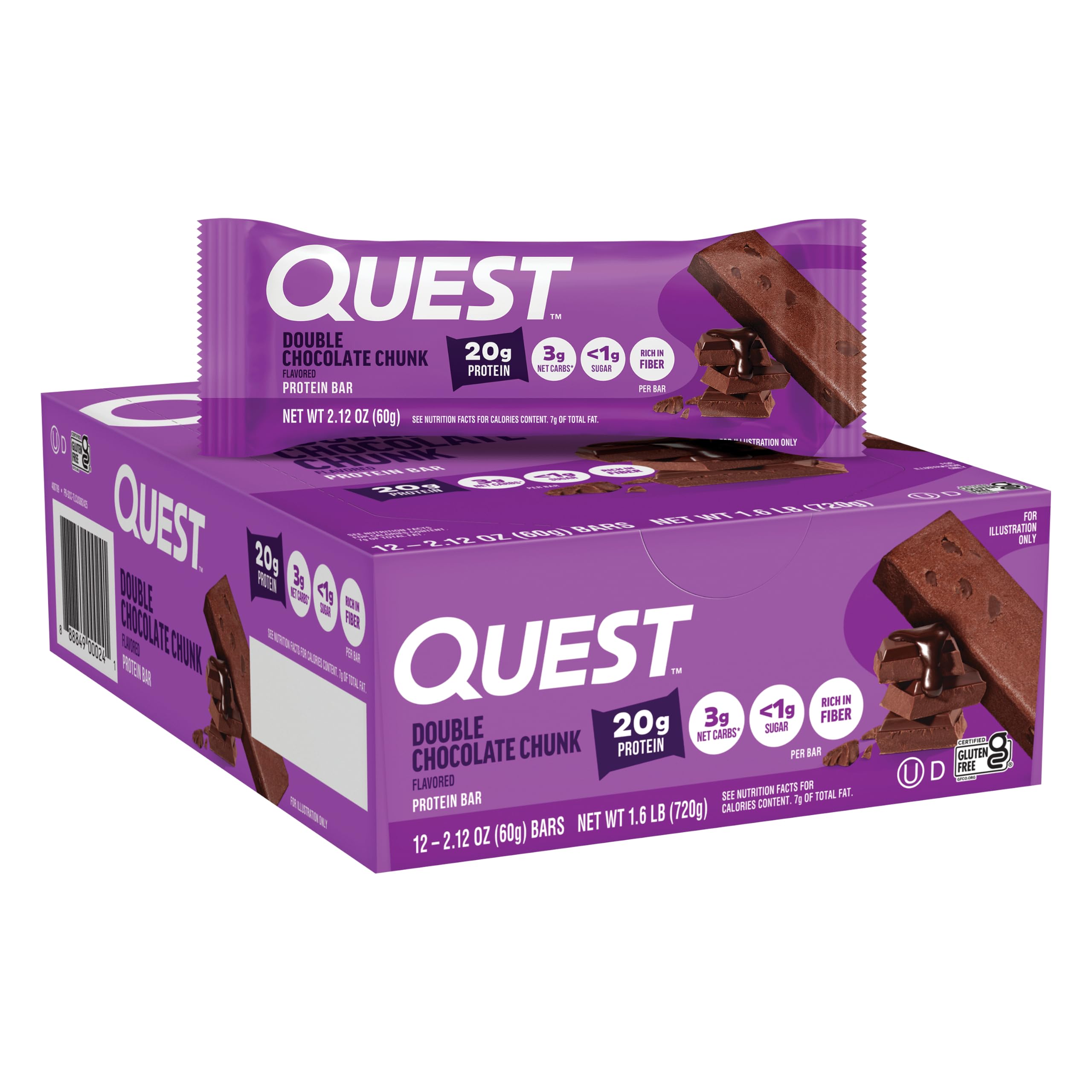 Quest Nutrition Double Chocolate Chunk Protein Bars, 20g Protein Bars, 1g Sugar, Gluten Free, Keto Friendly, 12 Count