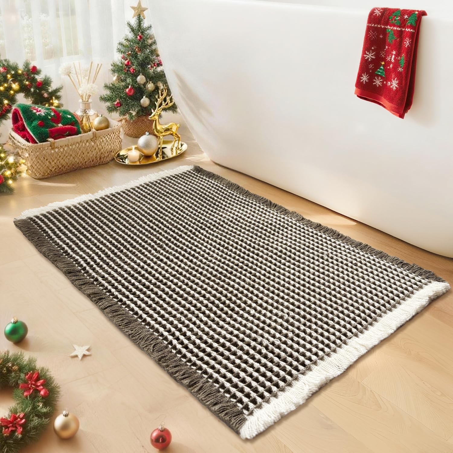 GRLYUH Waffle Bath Mat - Boho Bathroom Rugs Non Slip Washable, Super Absorbent & Quick Dry, Soft Bath Mat Farmhouse Bathroom Decor, 20'' x 32'', Olive