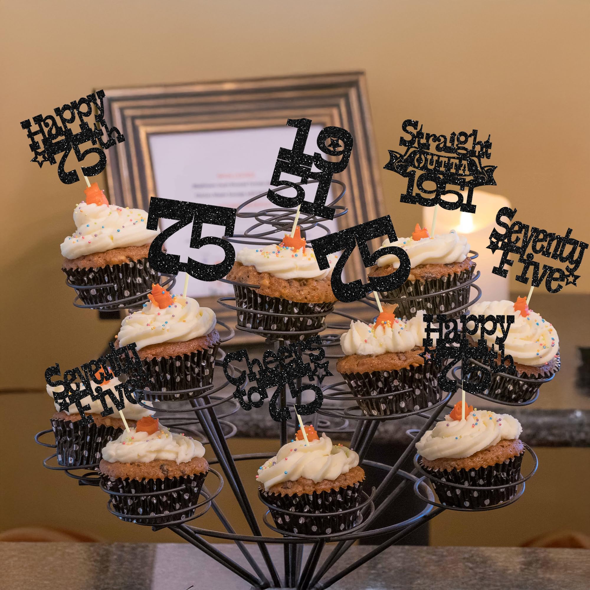 Ephlyn 30Pcs Straight Outta 1951 Cupcake Toppers Glitter Seventy Happy 75th Birthday Cupcake Picks Cheers to 75 Years Cake Decorations for Happy 75th Birthday Anniversary Party Supplies Black - Image 4