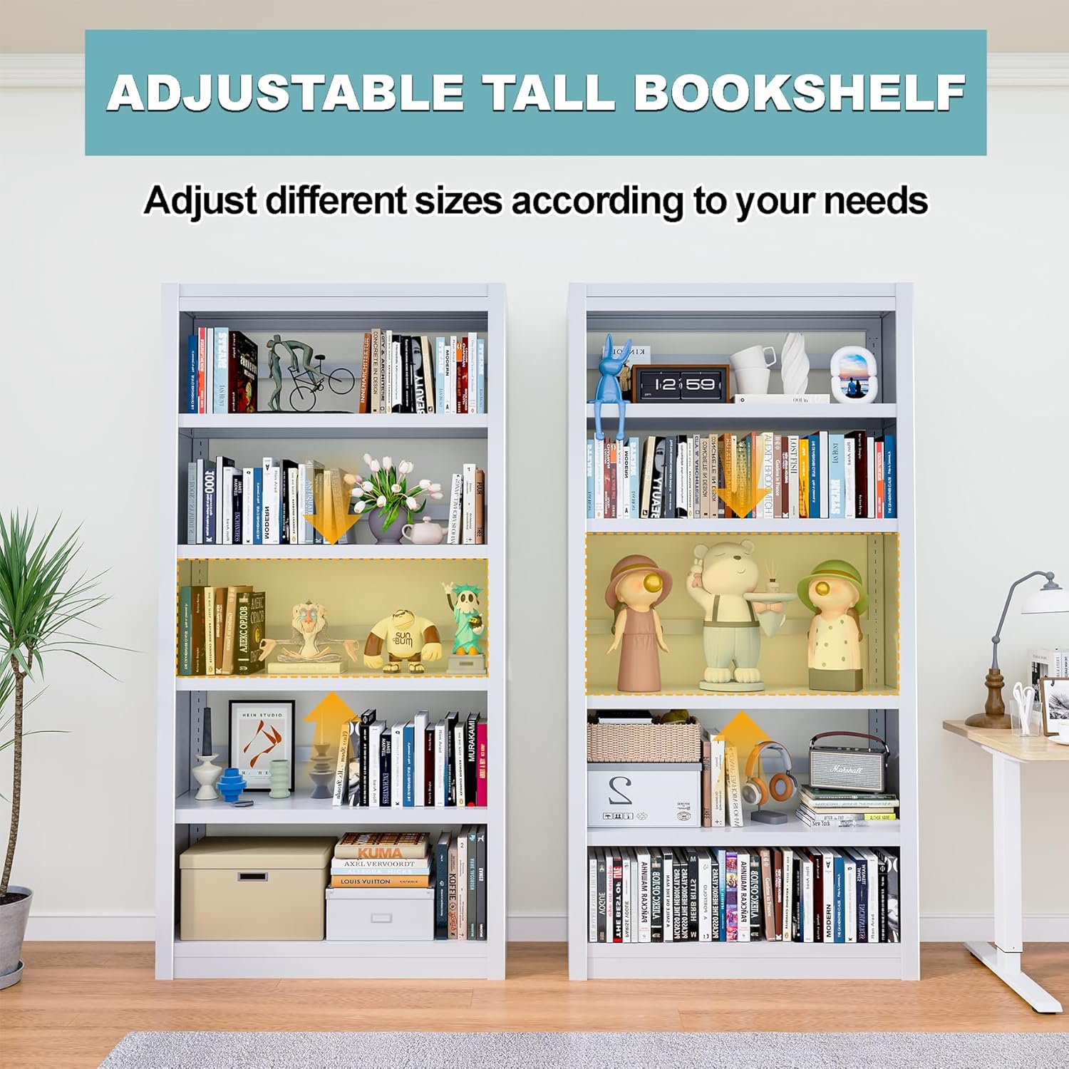 Bookshelf,6-Tier Adjustable Steel Book Shelf,61" H Heavy Duty Metal Bookcase for Home/Office/Garage,White Shelf (White, 61" Tall)