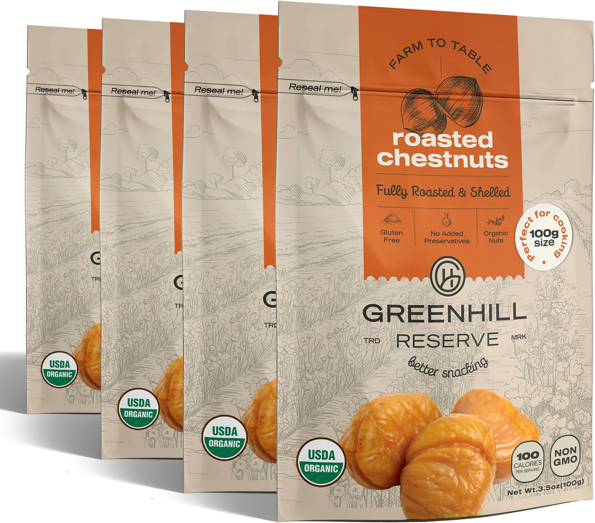 GreenHill Reserve Organic Whole Peeled Roasted Chestnuts, Ready to Eat, 3.6oz (4 pack) Vegan, Gluten Free, Great for Cooking, Baking and Snacking, Resealable BagUSDA Organic
