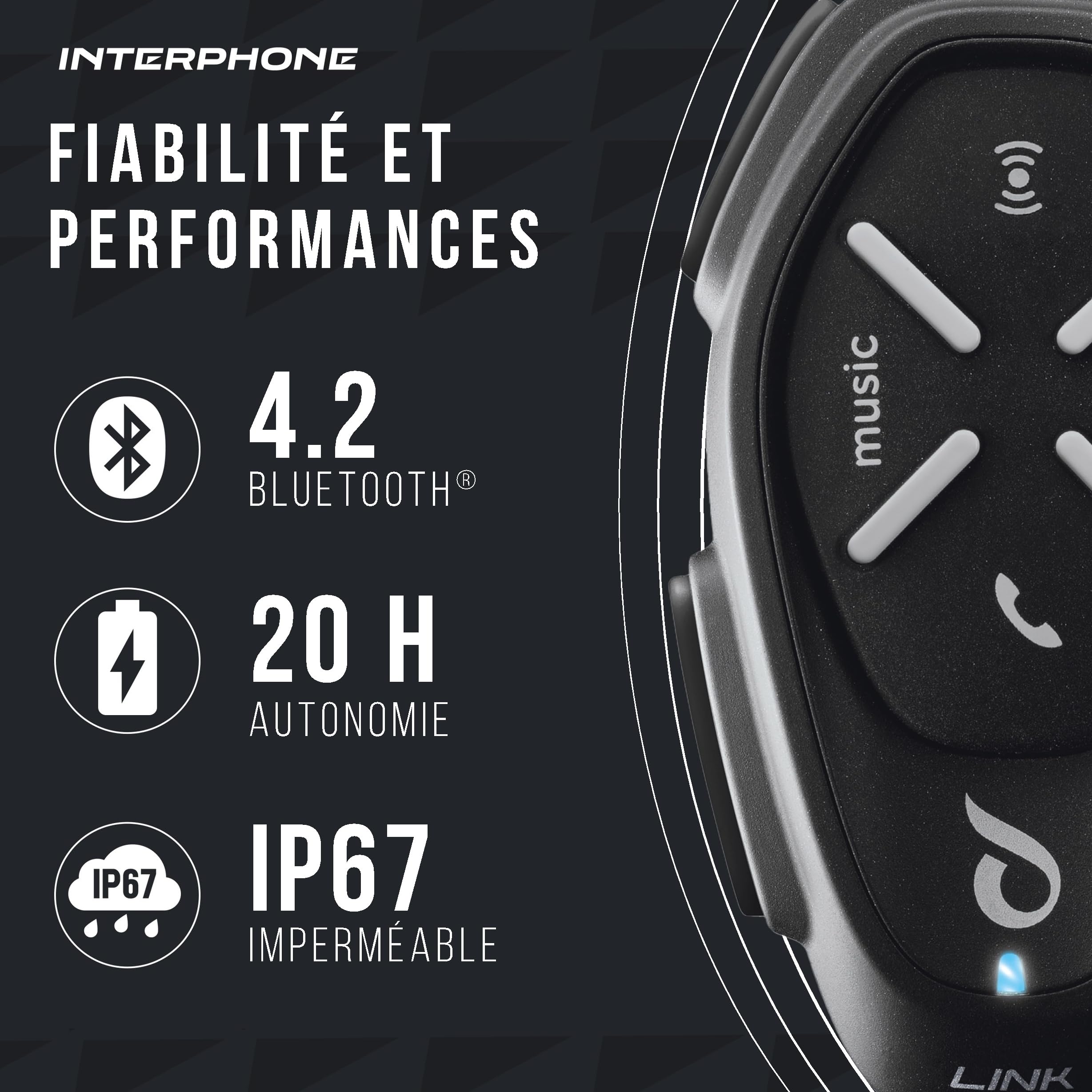 Interphone Intercom Link HD Mono – Intercom Moto pour Communication Pilote-Passager, Entre Pilotes ou Motos jusqu'à 300 m – avec Bluetooth 4.2 pour GPS et appels – Autonomie 20 h et étanchéité IP67