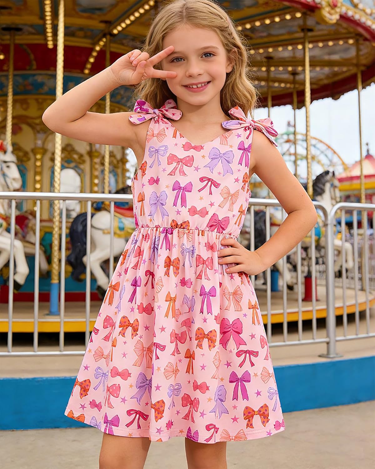 Enlifety 3-10T Girls Summer Dress Sleeveless Bowknot Strap V Neck Casual Sundress - Image 5