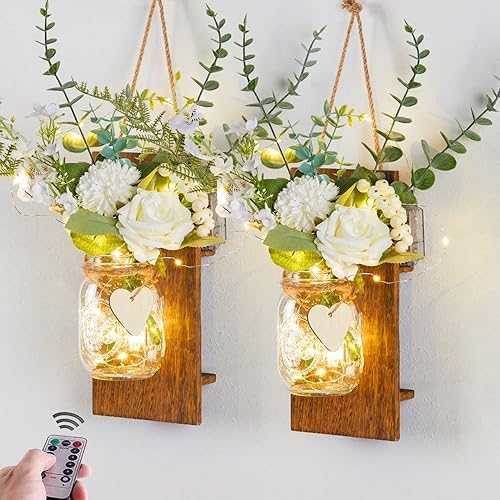 Miniatura 10 de PARTY JOY Decoración de otoño - Decoraciones de otoño para el hogar, juego de 2 apliques de tarro de masón, decoración del hogar, decoración