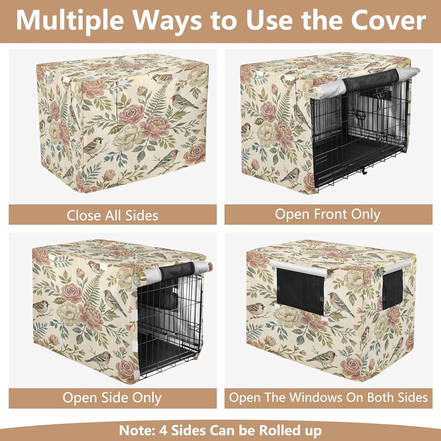 Flowers and Birds Dog Crate Cover 600D Oxford Pet Kennel Cover with Mesh Window for Dog Cages, Windproof Waterproof Machine Washable, 48"x30"x33"