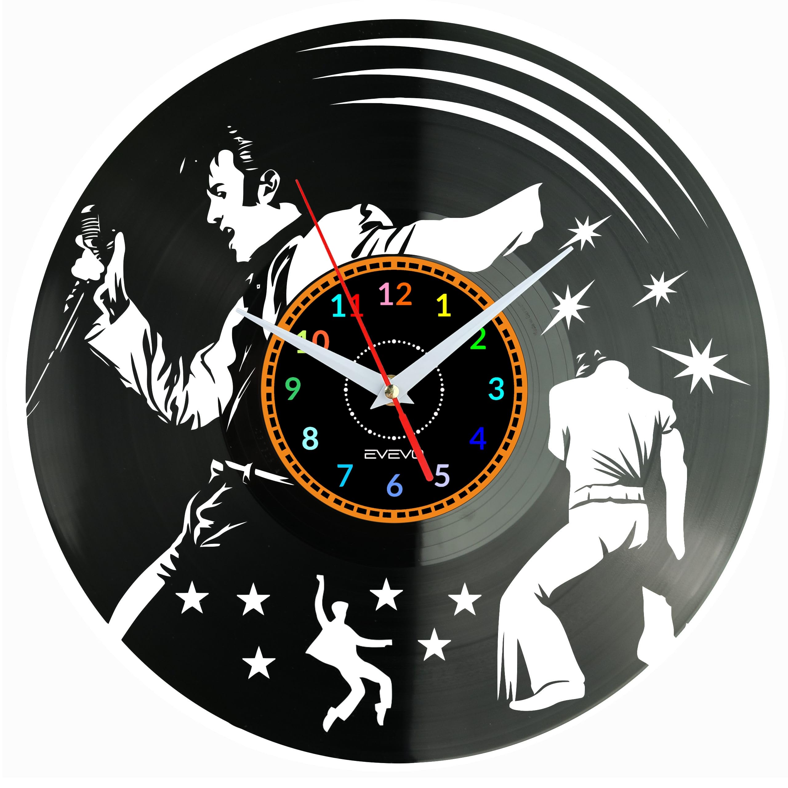 Evevo Multicolor King Of Rock & Roll Wall Clock Vinyl Record – Elvis Inspired Retro Music Design, Handmade Art Clock, Unique Gift Or Present For Rock Lovers, Musicians & Vintage Home Decor W0341