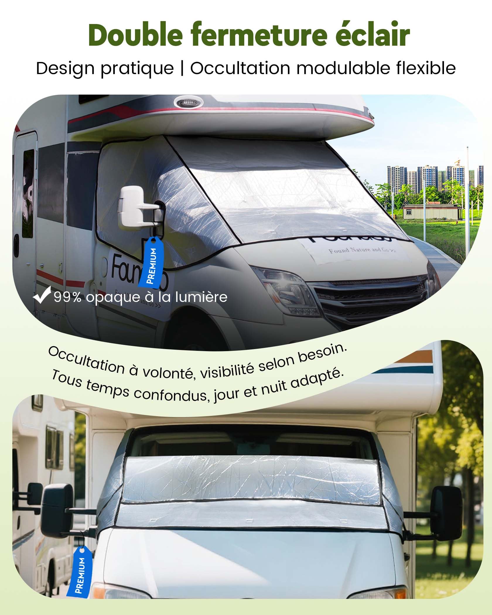 FoundGo Couvre-pare-brise avant pour camping-car avec fermetures éclair en aluminium argenté, housse isolante thermique avec poche, compatible avec FIAT Ducato, Peugeot Boxer, Citroën Relay X250/290 à