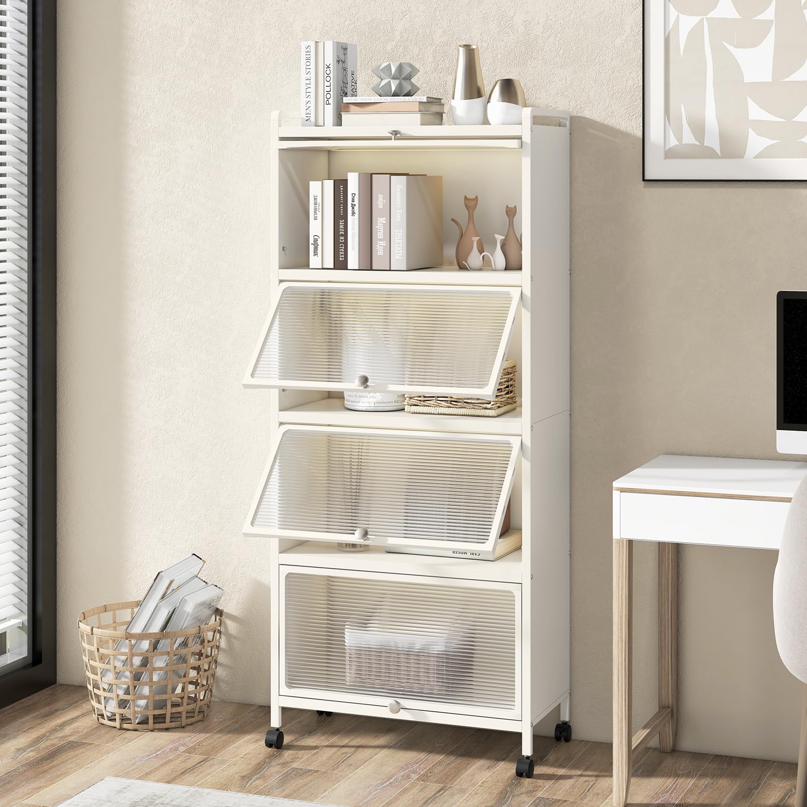 KOMFOTTEU Armoire à Porte Mobile, 5 Niveaux, Fer, 60 x 32 x 154 cm, Blanc | Étagère de Cuisine, 4 roulettes, Meuble de Rangement, Kit Anti-basculement, Salon, Salle à Manger