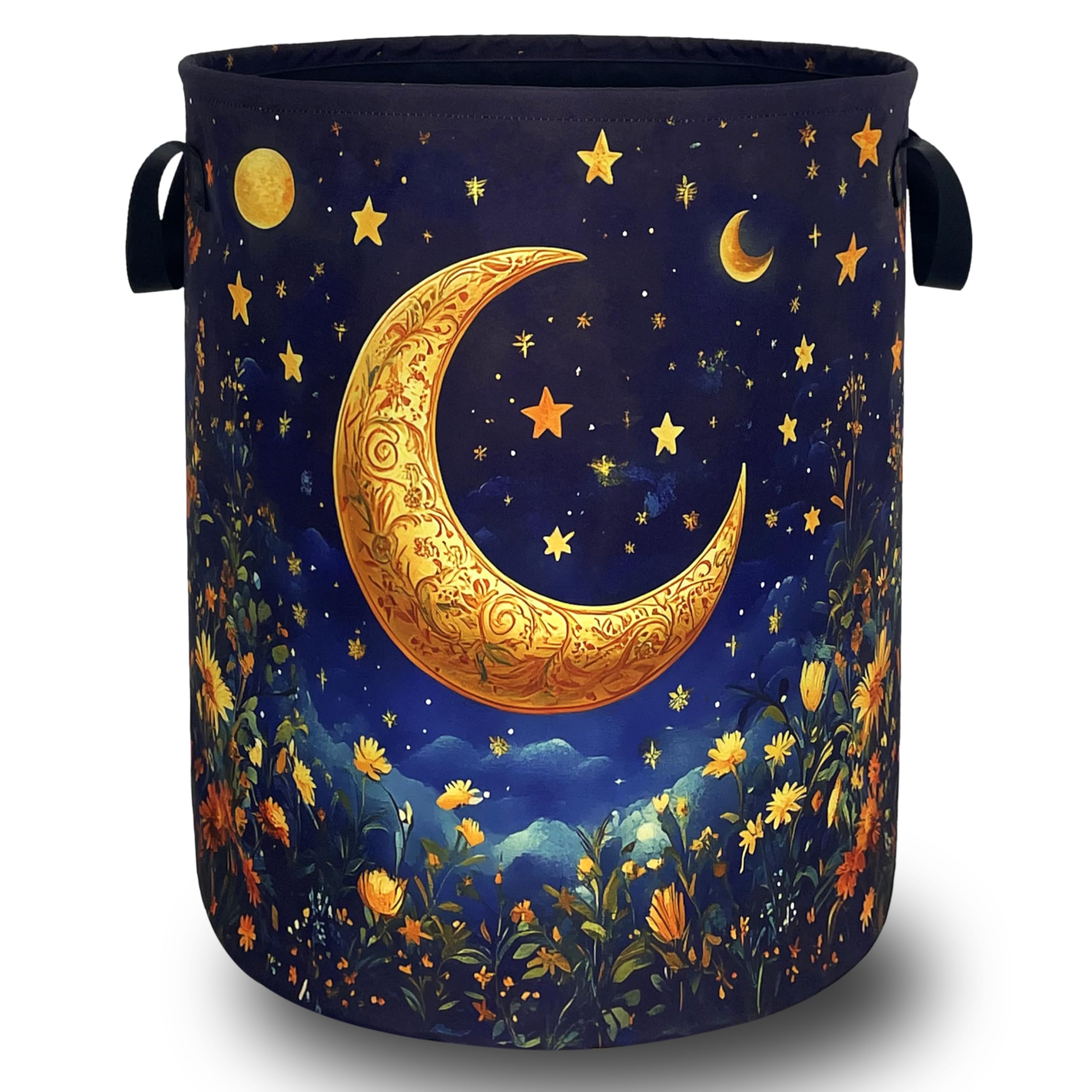 Moon Flowers Laundry Basket Oxford Cloth Foldable Hamper 18.9x16.5 Inch