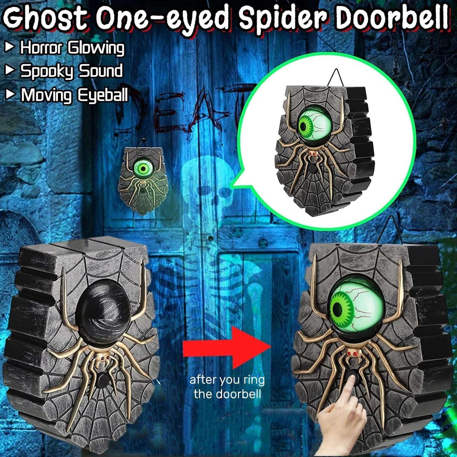 Luqeeg Doorbell Decoration, Doorbell with Sounds, Halloween Doorbell with Animated Glowing Eyeball Ring Decor Doorbell for Home Halloween