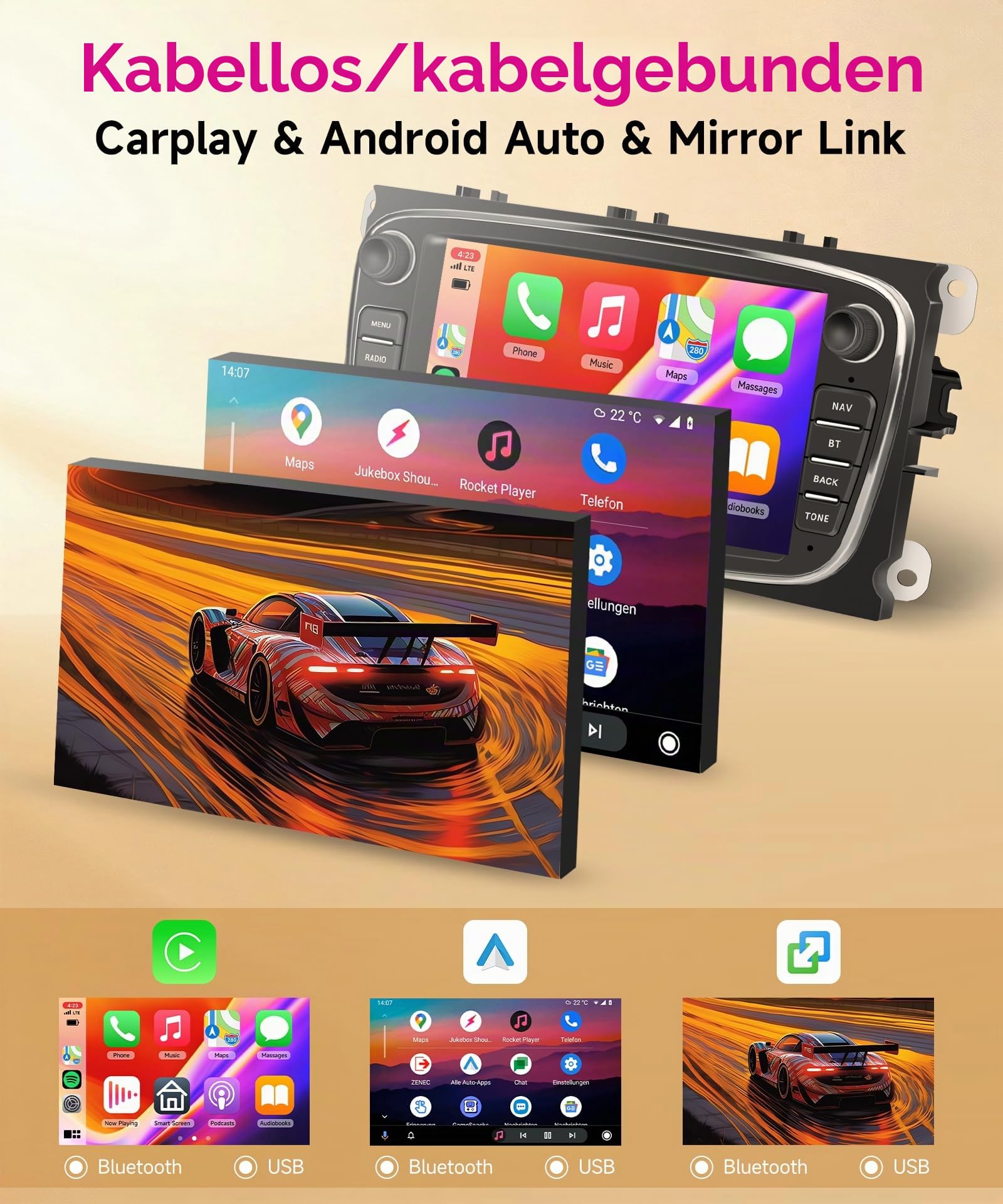 8 Core 6G+128G Android Autoradio für Ford Focus II mk2 Mondeo S-Max C-Max Galaxy 7 Zoll Autoradio mit Wireless Carplay Android Auto Navi GPS WIFI Mirror Link Bluetooth FM/RDS/DSP EQ/SWC Rückfahrkamera