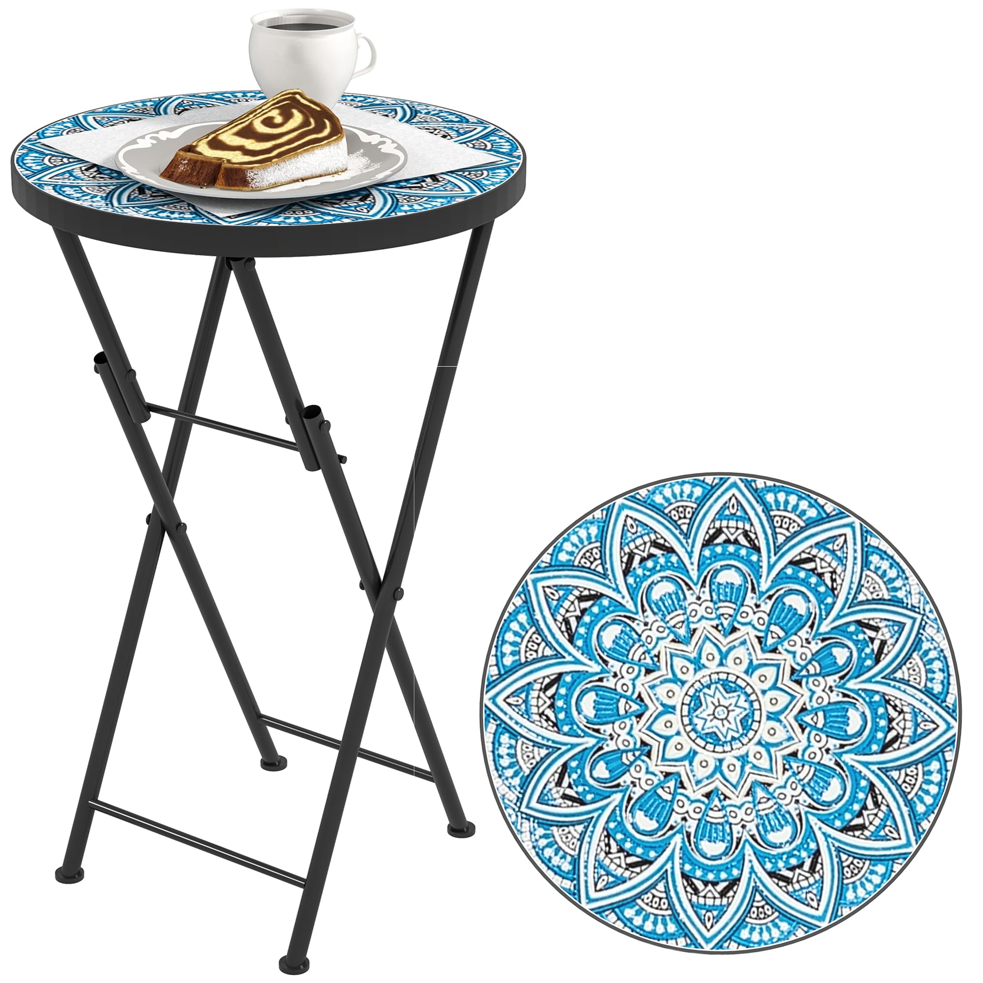 Outsunny Mesa Auxiliar Redonda Mesa de Jardín Exterior Plegable con Encimera de Mosaico y Almohadillas Antideslizantes Mesa para Exterior Terraza Patio Ø35,5x55 cm Azul