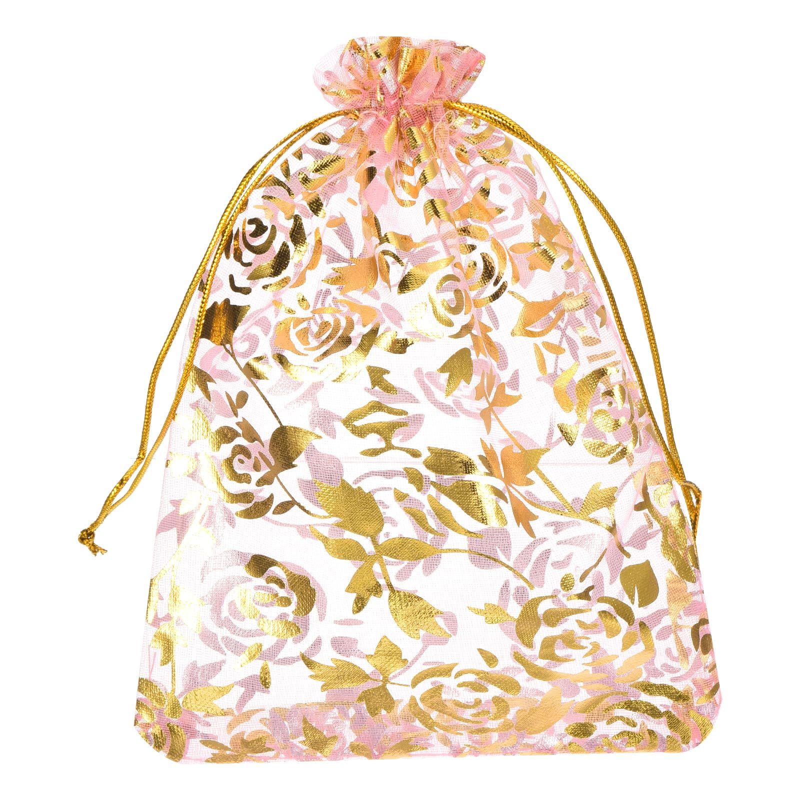sourcing map Organza Bag 4" x 6", Sheer Flower Heart Mesh Bags Drawstring Gift Bags Bulk Party Favor Bag Jewelry Pouches for Wedding Candy Valentines (Pink-Gold, Pack of 100)