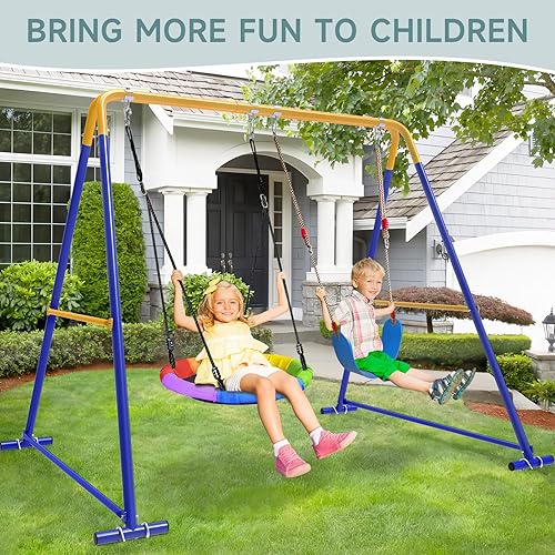 Miniatura 3 de Juegos de columpios para patio trasero, juego de columpios para niños pequeños con 2 asientos, 1 platillo y 1 asiento para cinturón, marco de