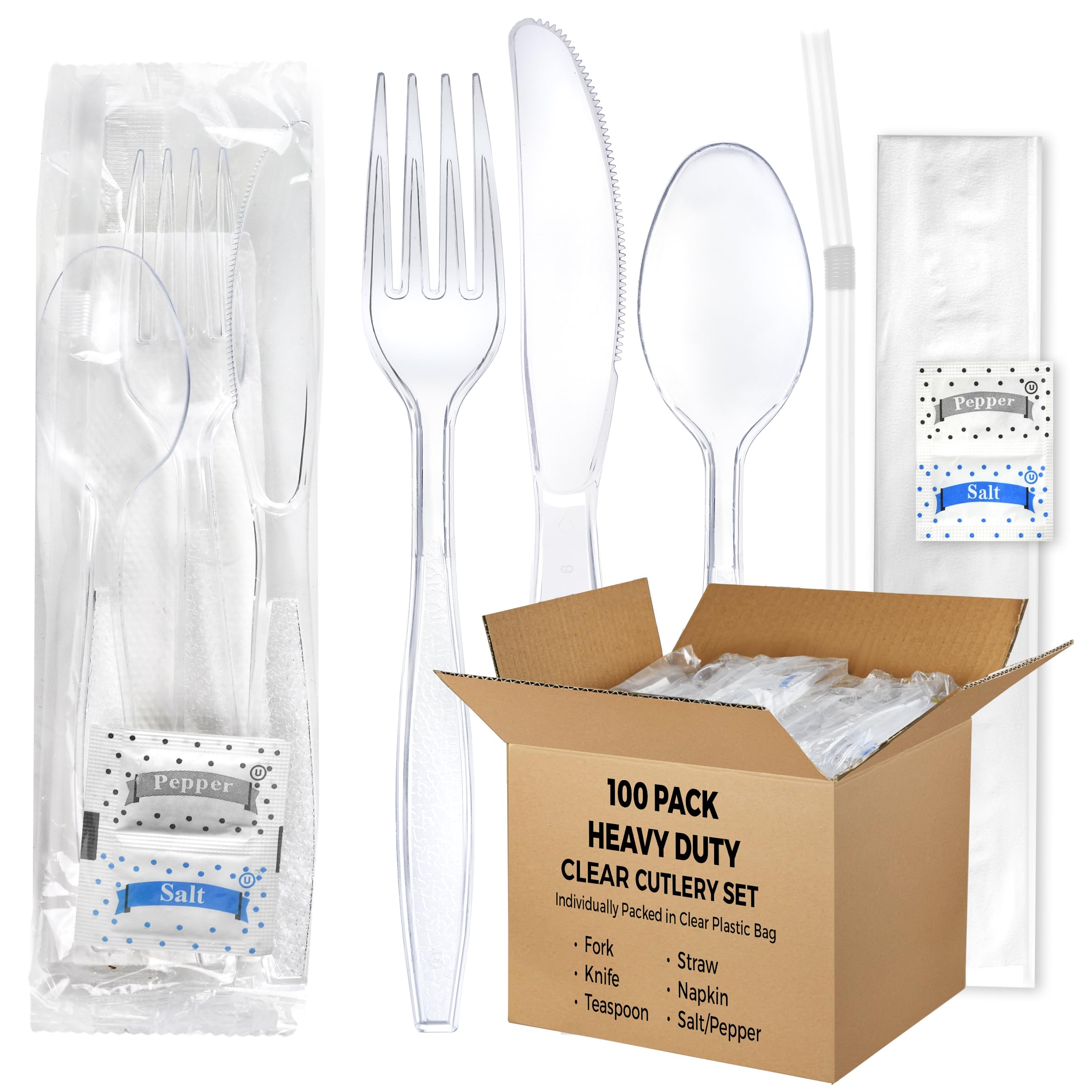 KitchenDine 100 pack | Clear Heavy Duty Plastic Disposable Cutlery Set | 6 in 1 Utensil Set with Fork, Spoon