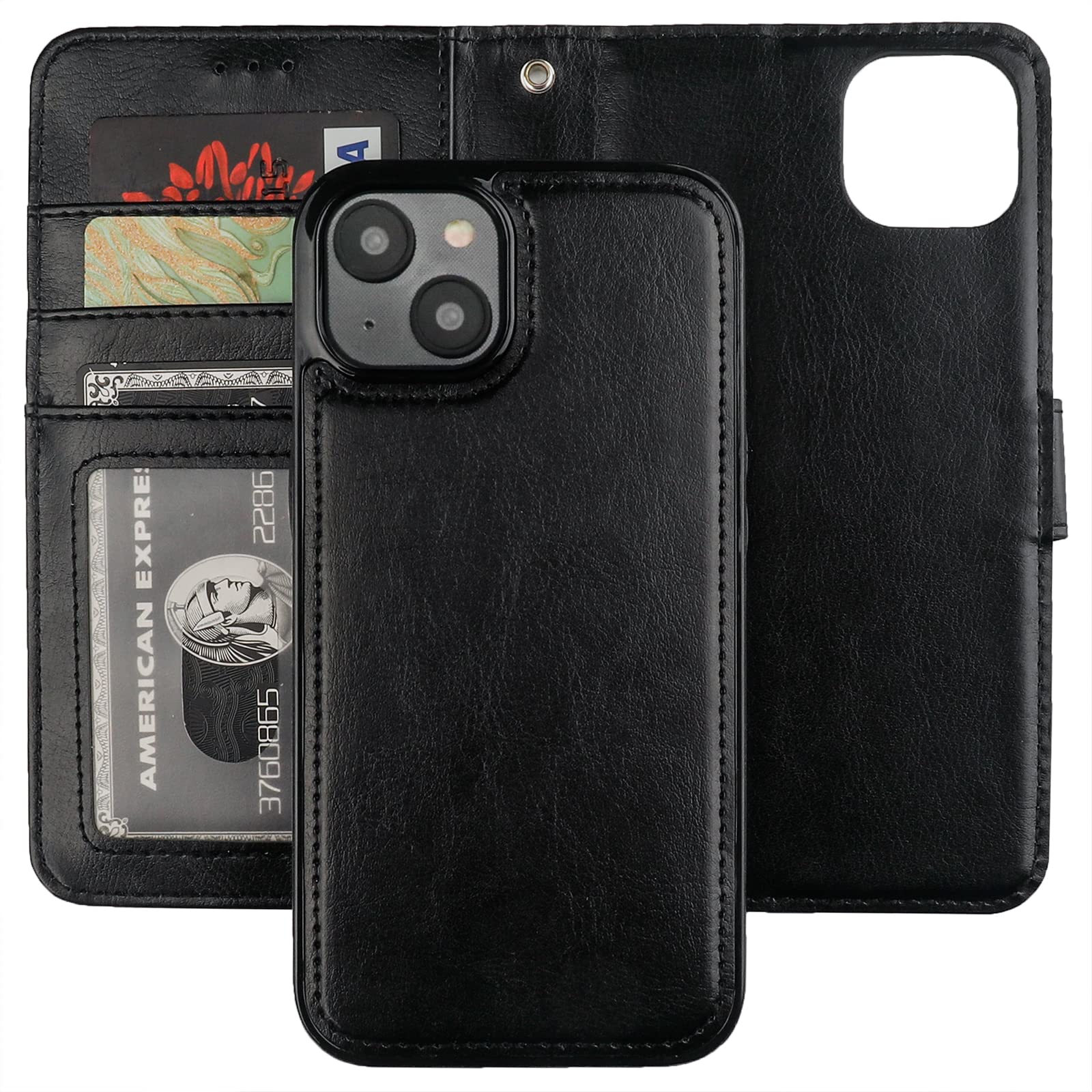 Bocasal Detachable Wallet Case for iPhone 14 RFID Blocking Card Slots Holder Premium PU Leather Magnetic Kickstand Shockproof Wrist Strap Removable Flip Protective Cover 5G 6.1 inch (Black)