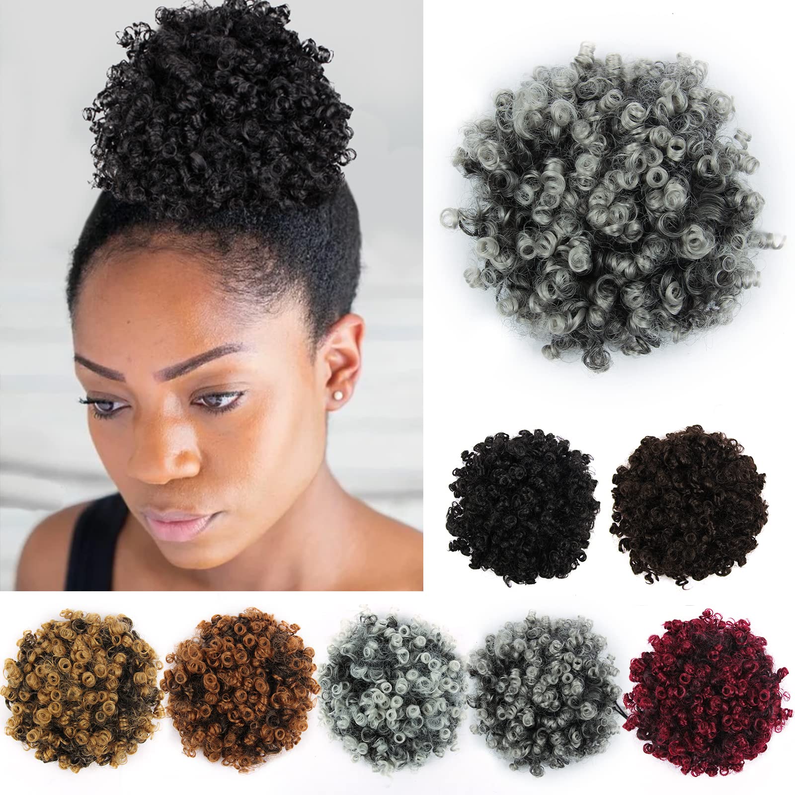 YISIKUNNUO Curly Wavy Afro Puff Drawstring Ponytail Hair Extension for Black Women Loose Wave Short Mini Afro Puff Hairpieces for Girls Kids(Dark Gray