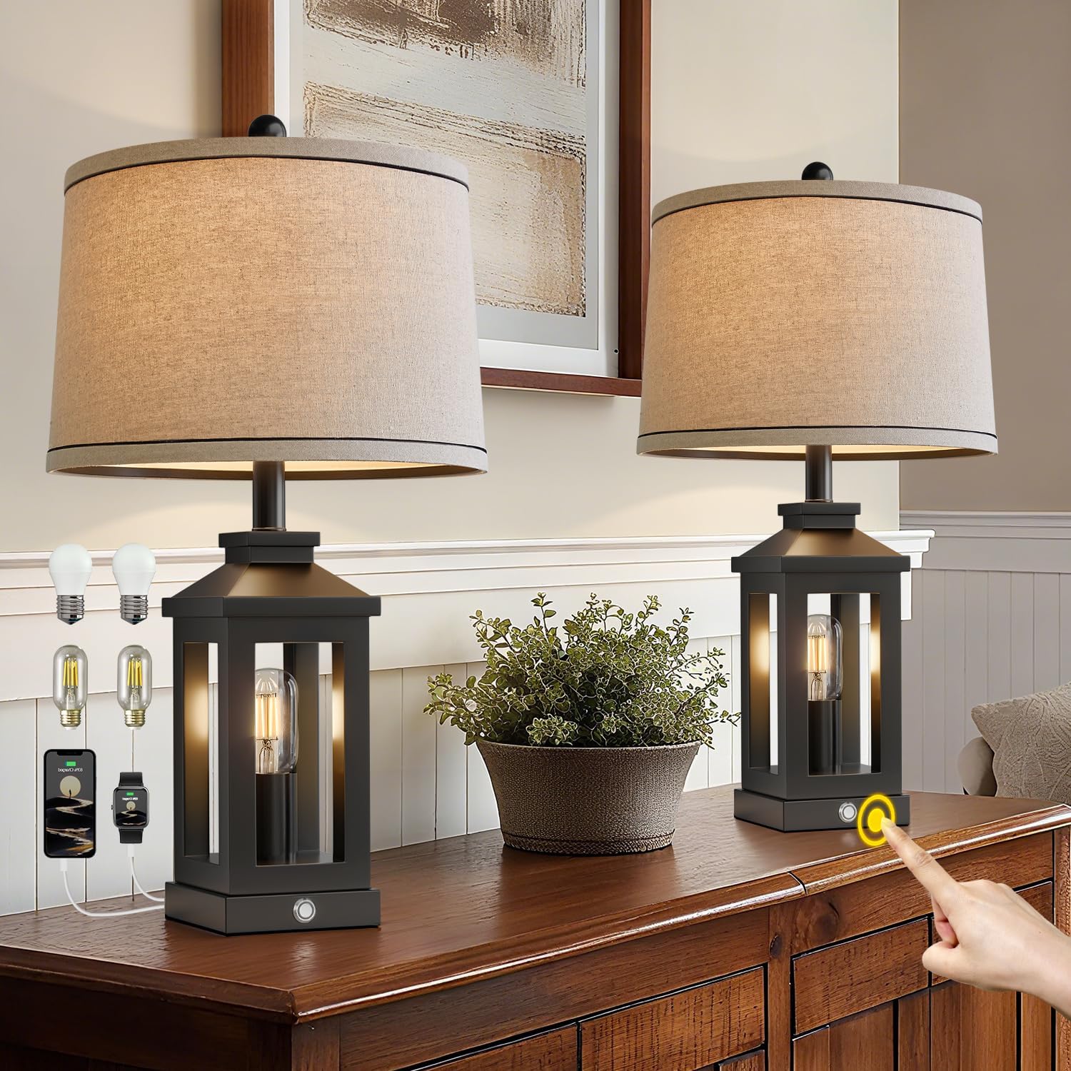 BOBOMOMO 23.75" Farmhouse Black Table Lamps Set of 2– Rustic Bedside Lamps with 3 Way Dimmable Touch Control Night Light & USB A+C Ports, Modern Lamp for Bedroom, Living Room, Entryway