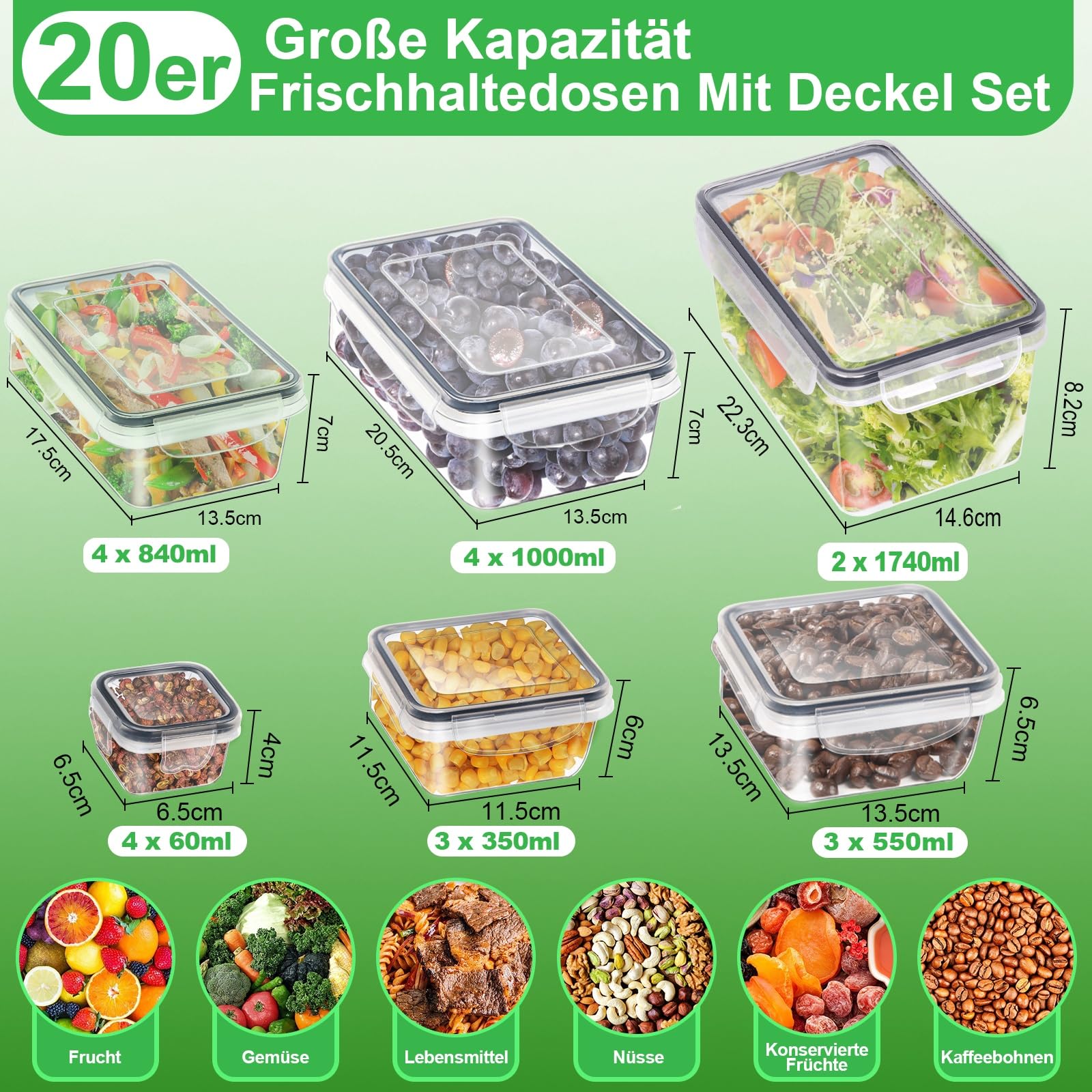 Kottwca Juego de 40 fiambreras con tapa, juego de 40 recipientes de gran capacidad (20 recipientes+20 tapas), cajas de preparación de comida de cocina, 100% a prueba de fugas, sin BPA, fiambreras para